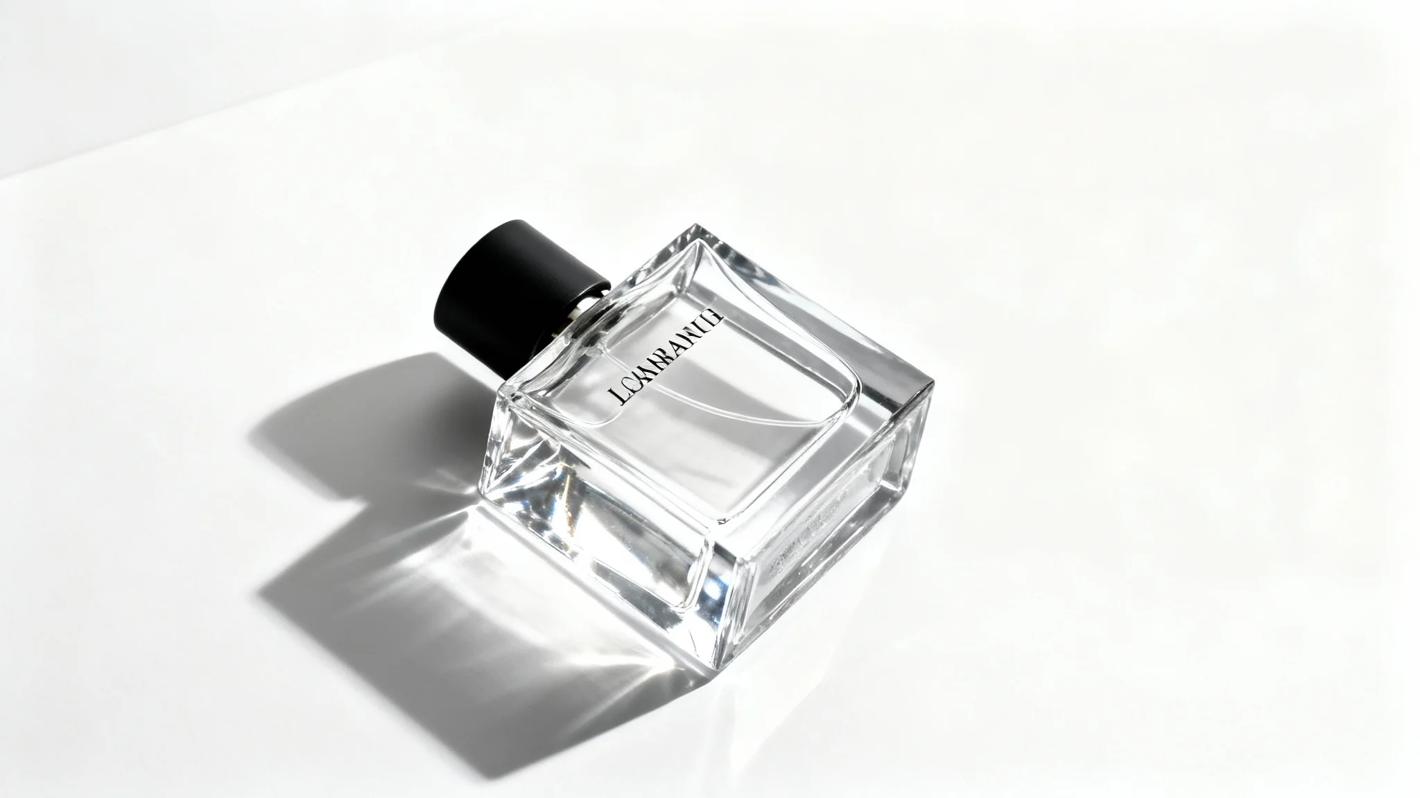 A dramatic hero shot of a modern, minimalist perfume bottle, angled heroically against a stark white background with sharp lighting and soft shadows.