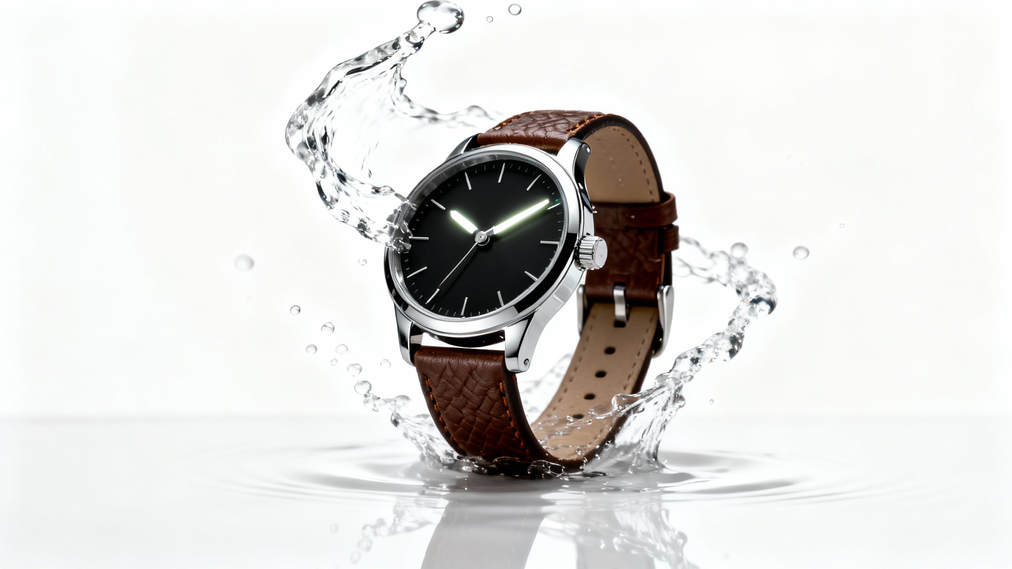 A dramatic hero shot of a luxurious wristwatch with a brown leather strap, captured with a dynamic splash of water against a clean white background.