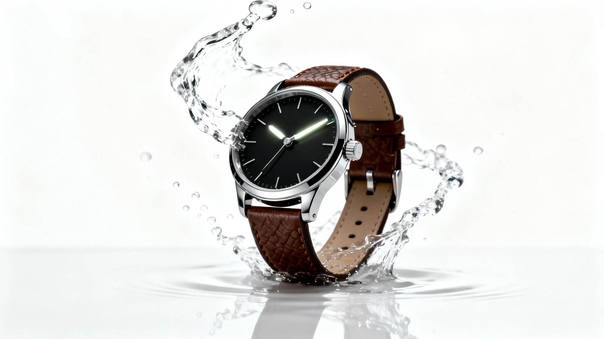 A dramatic hero shot of a luxurious wristwatch with a brown leather strap, captured with a dynamic splash of water against a clean white background.