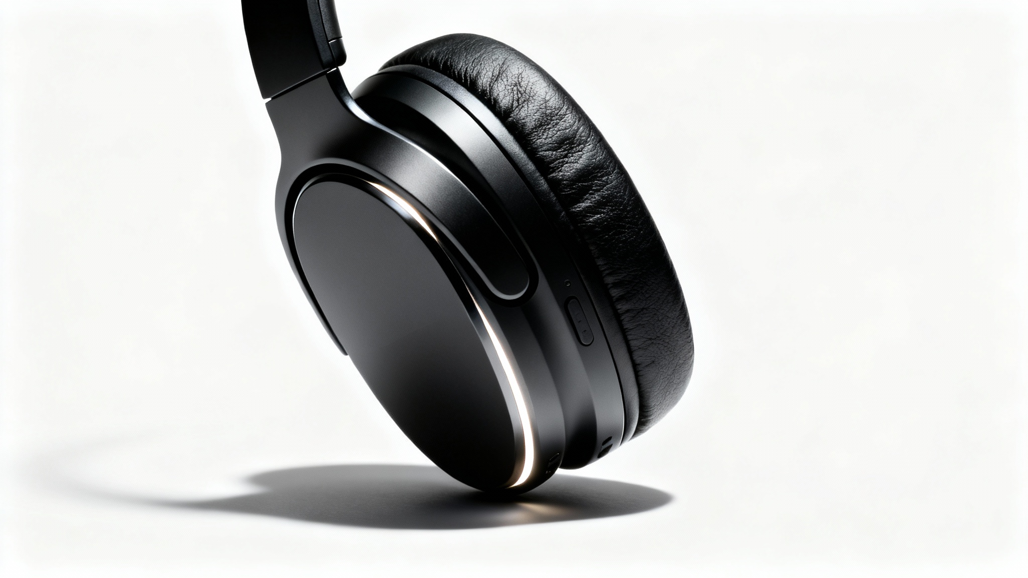 A commercial hero shot of a single, sleek black wireless headphone against a stark white background, emphasizing its modern design and luxurious materials.