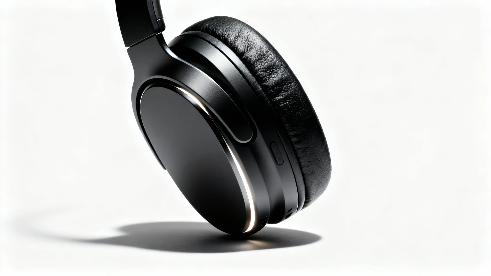 A commercial hero shot of a single, sleek black wireless headphone against a stark white background, emphasizing its modern design and luxurious materials.