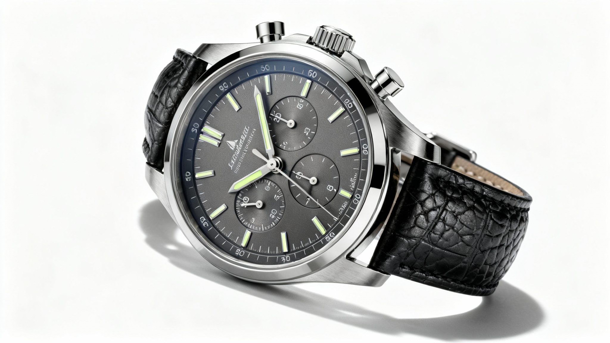 A professional hero shot of a luxury stainless steel chronograph watch with a black leather strap, displayed against a clean white background.