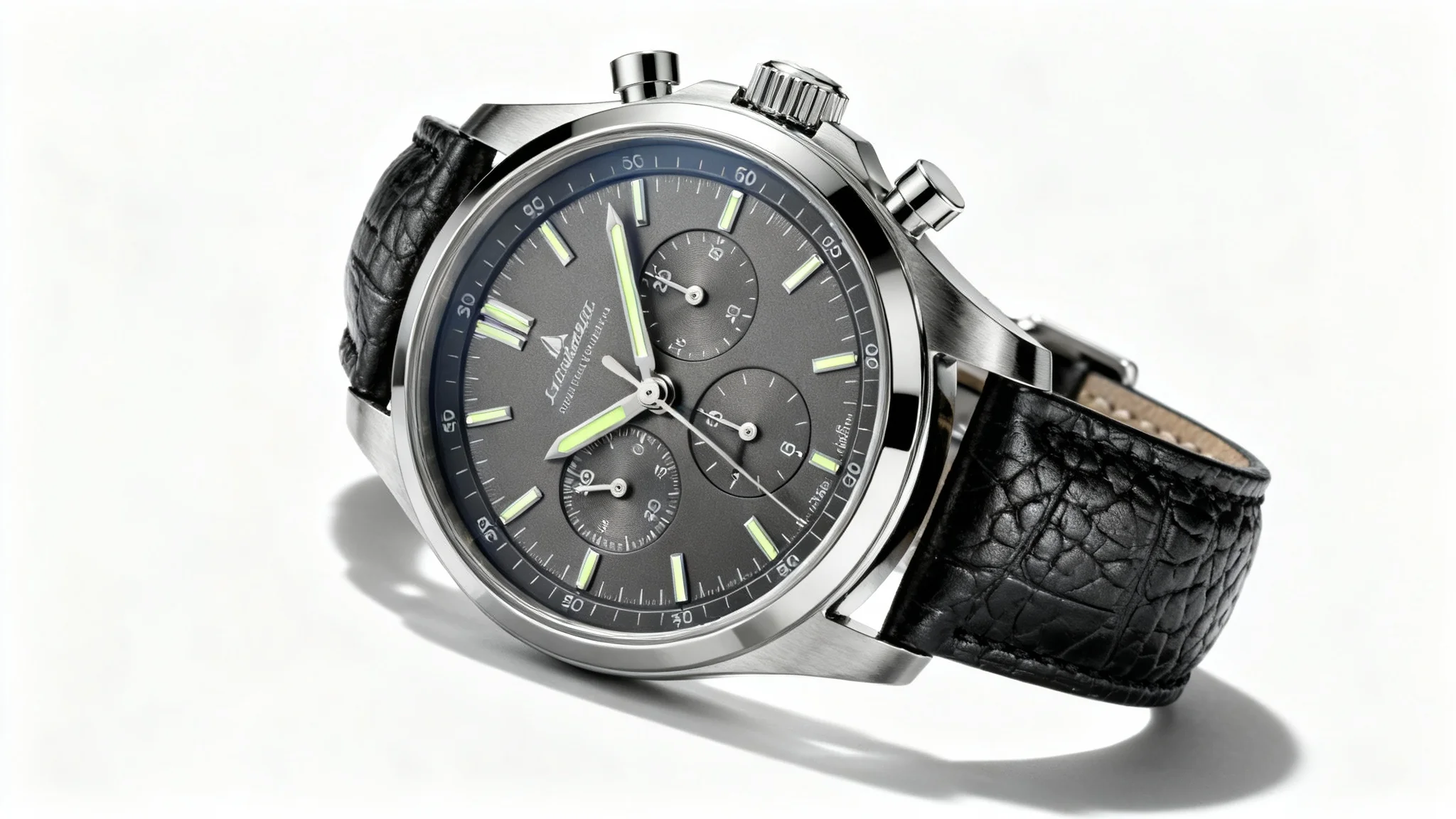 A professional hero shot of a luxury stainless steel chronograph watch with a black leather strap, displayed against a clean white background.