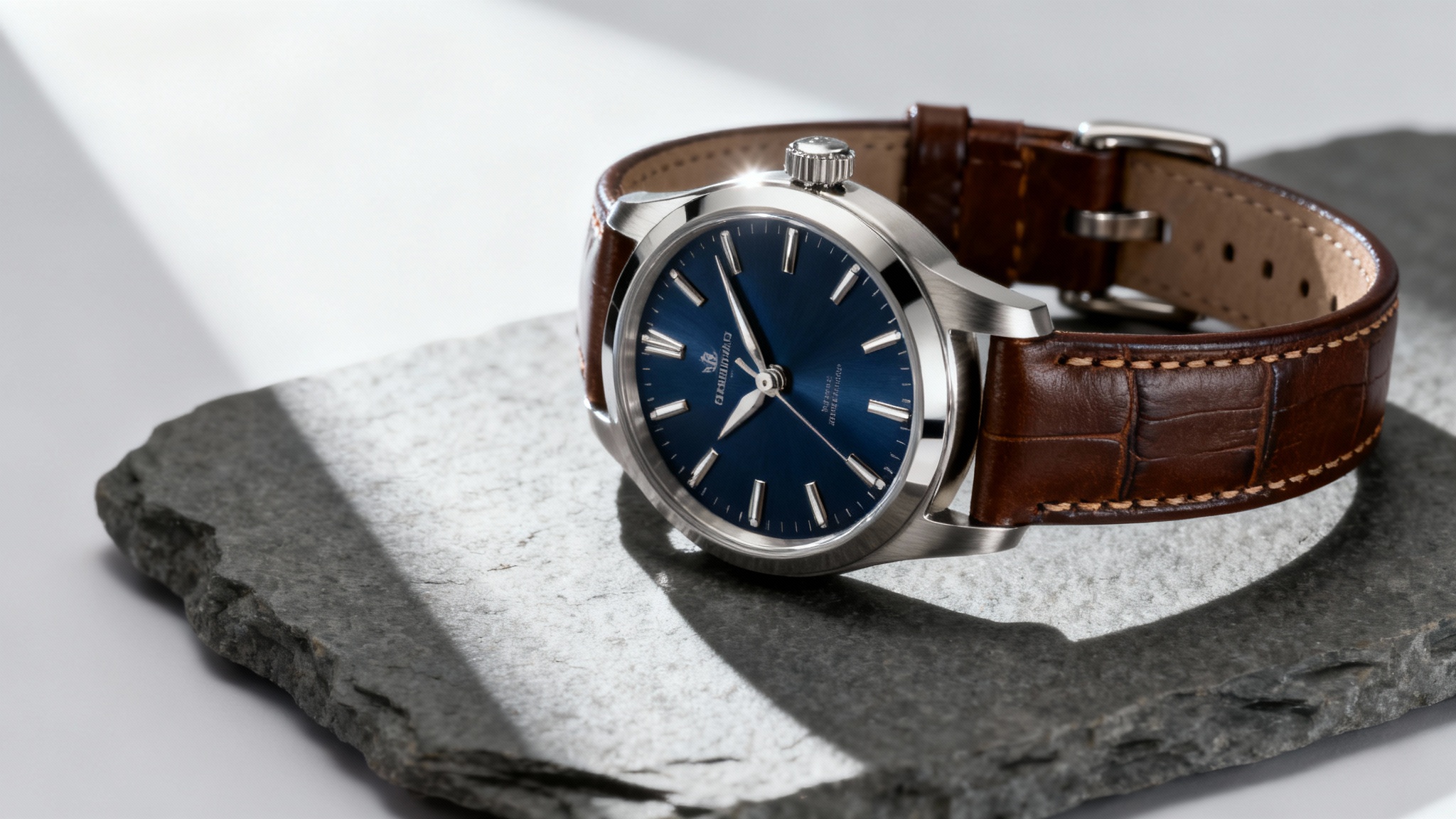 A cinematic hero shot of a luxury watch with a navy blue face and brown leather strap, showcased with dramatic lighting against a clean white background.
