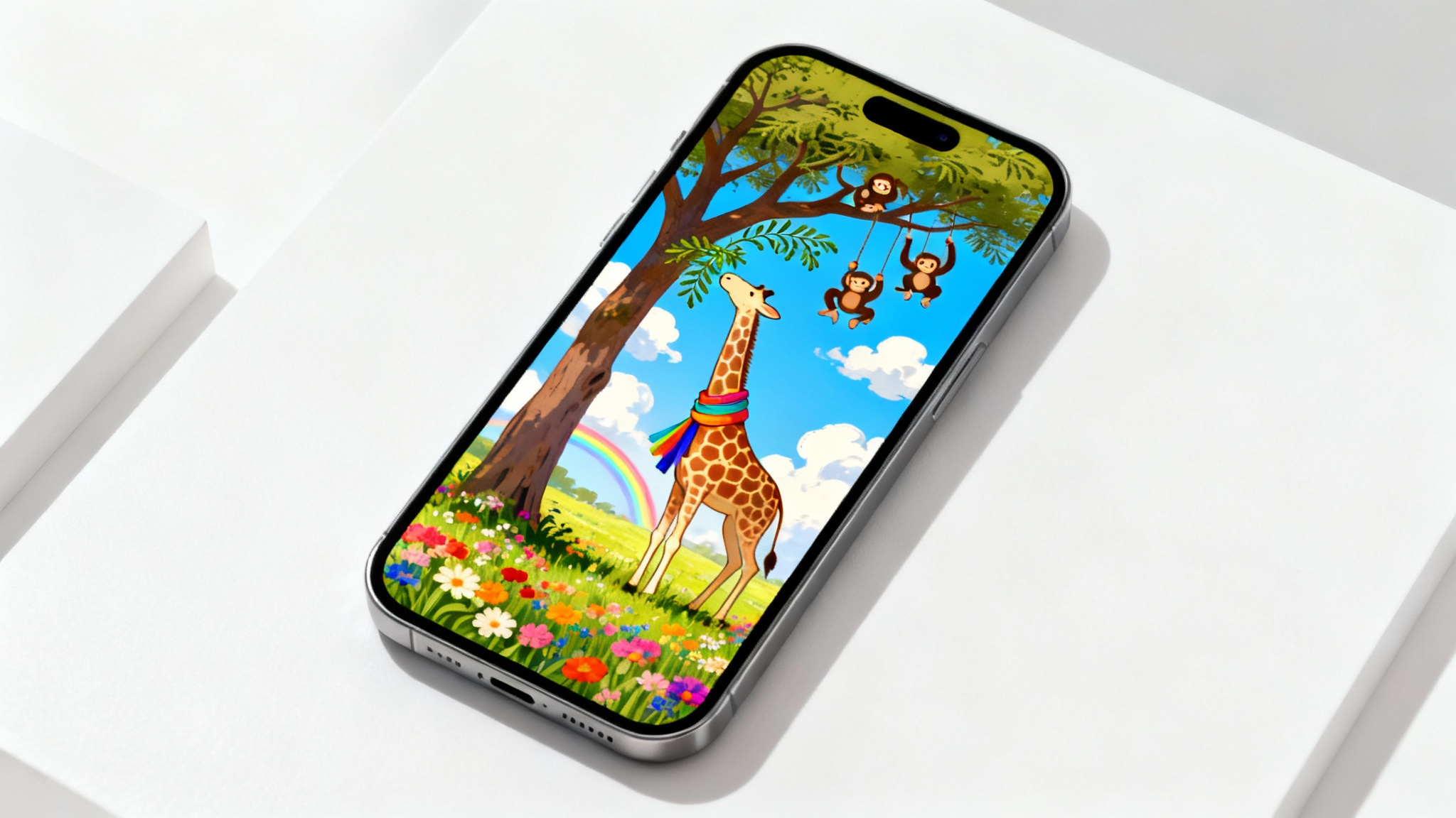 A top-down view of a smartphone on a white desk, displaying a 9:16 wallpaper of a whimsical giraffe eating from a tall tree, with the art extended to fill the vertical screen.