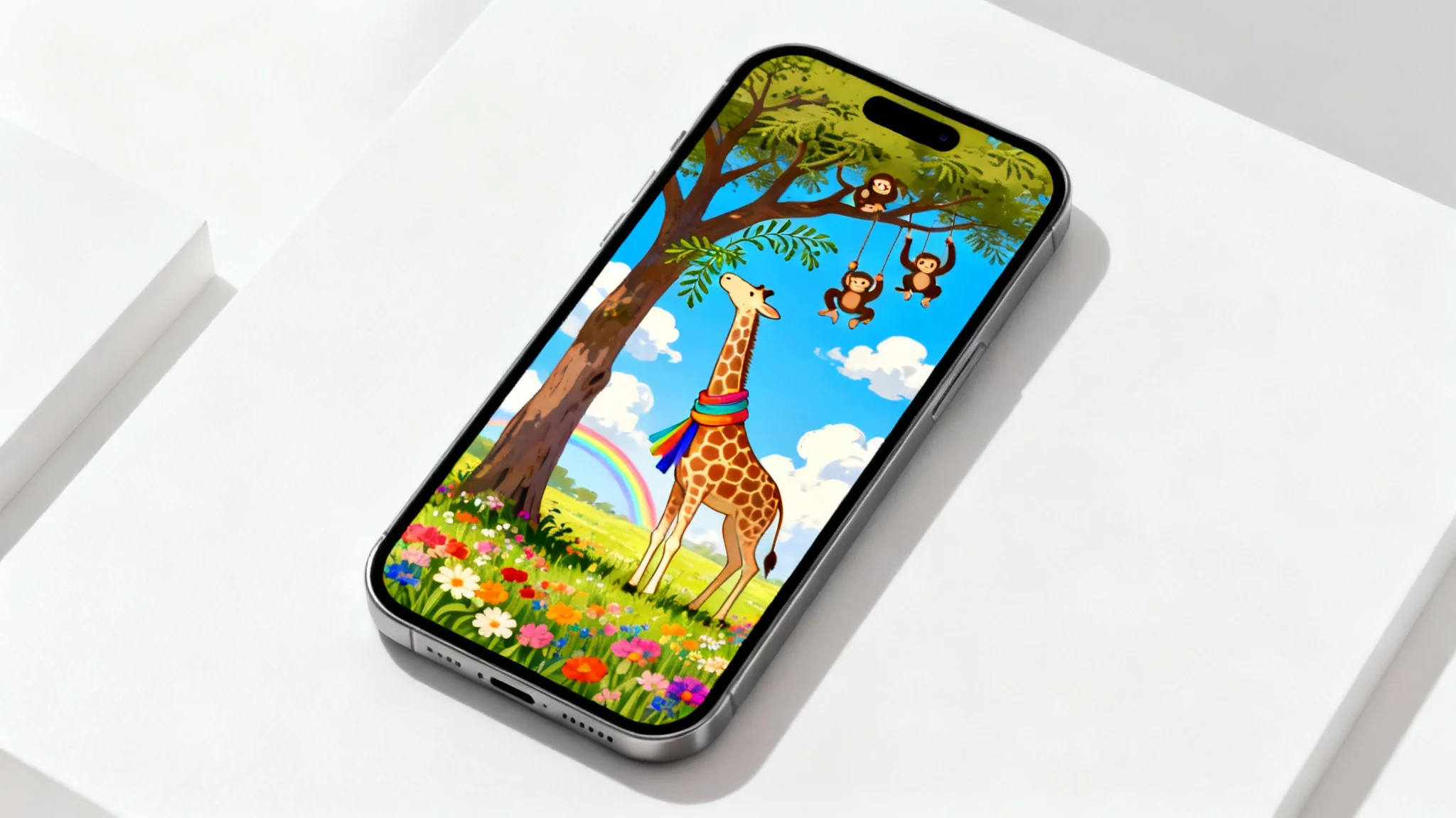 A top-down view of a smartphone on a white desk, displaying a 9:16 wallpaper of a whimsical giraffe eating from a tall tree, with the art extended to fill the vertical screen.