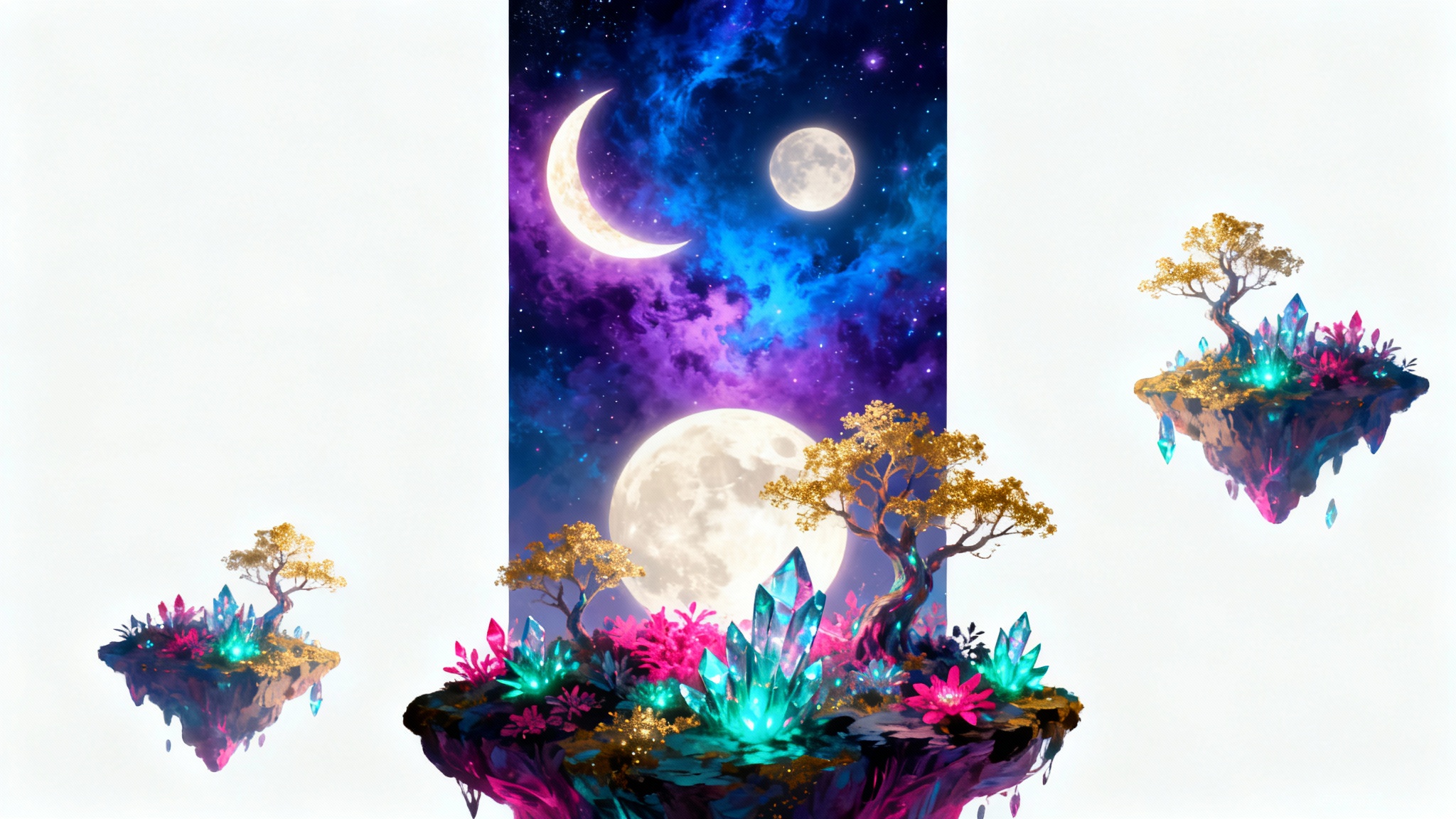A vertical piece of digital art in a 9:16 ratio, showcasing a surreal fantasy landscape with two moons and floating islands, presented against a clean white background.