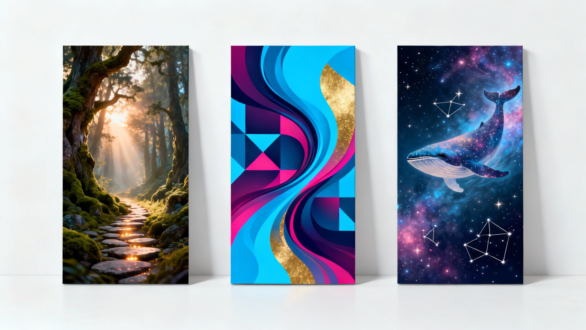A mockup of three vertical 9:16 art pieces against a white background. The art styles shown are a fantasy forest, an abstract geometric design, and a celestial whale in space.