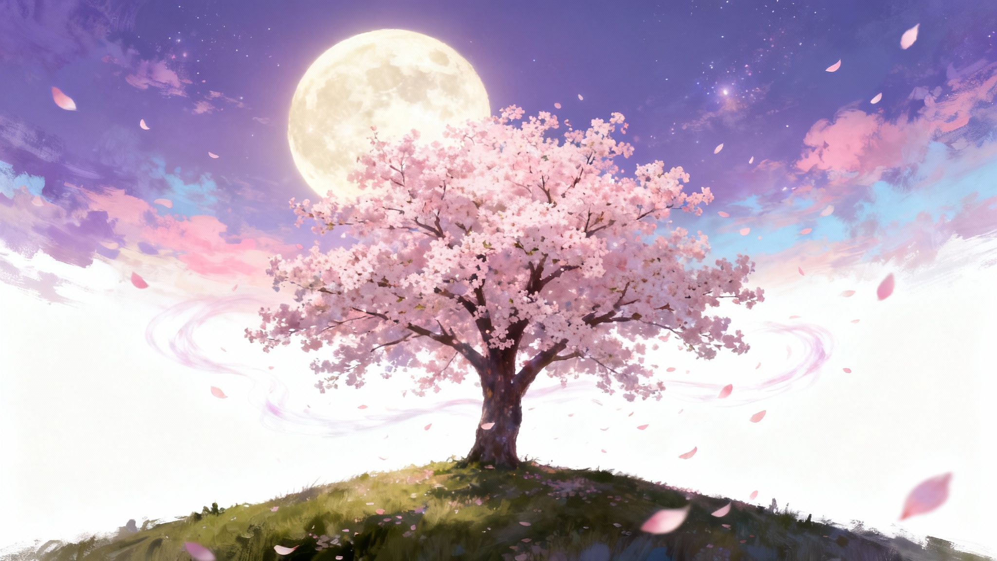 A beautiful vertical digital artwork in a 9:16 format, showing a solitary cherry blossom tree in full bloom under a pastel-colored twilight sky with a large, glowing moon.