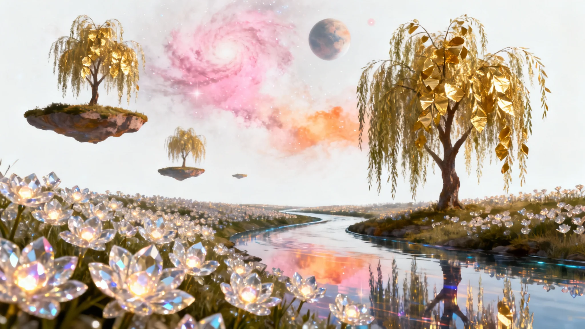 A vibrant vertical digital art piece in a 9:16 aspect ratio, depicting a surreal landscape with glowing crystal flowers, a still river, and floating islands under a nebula-filled sky.