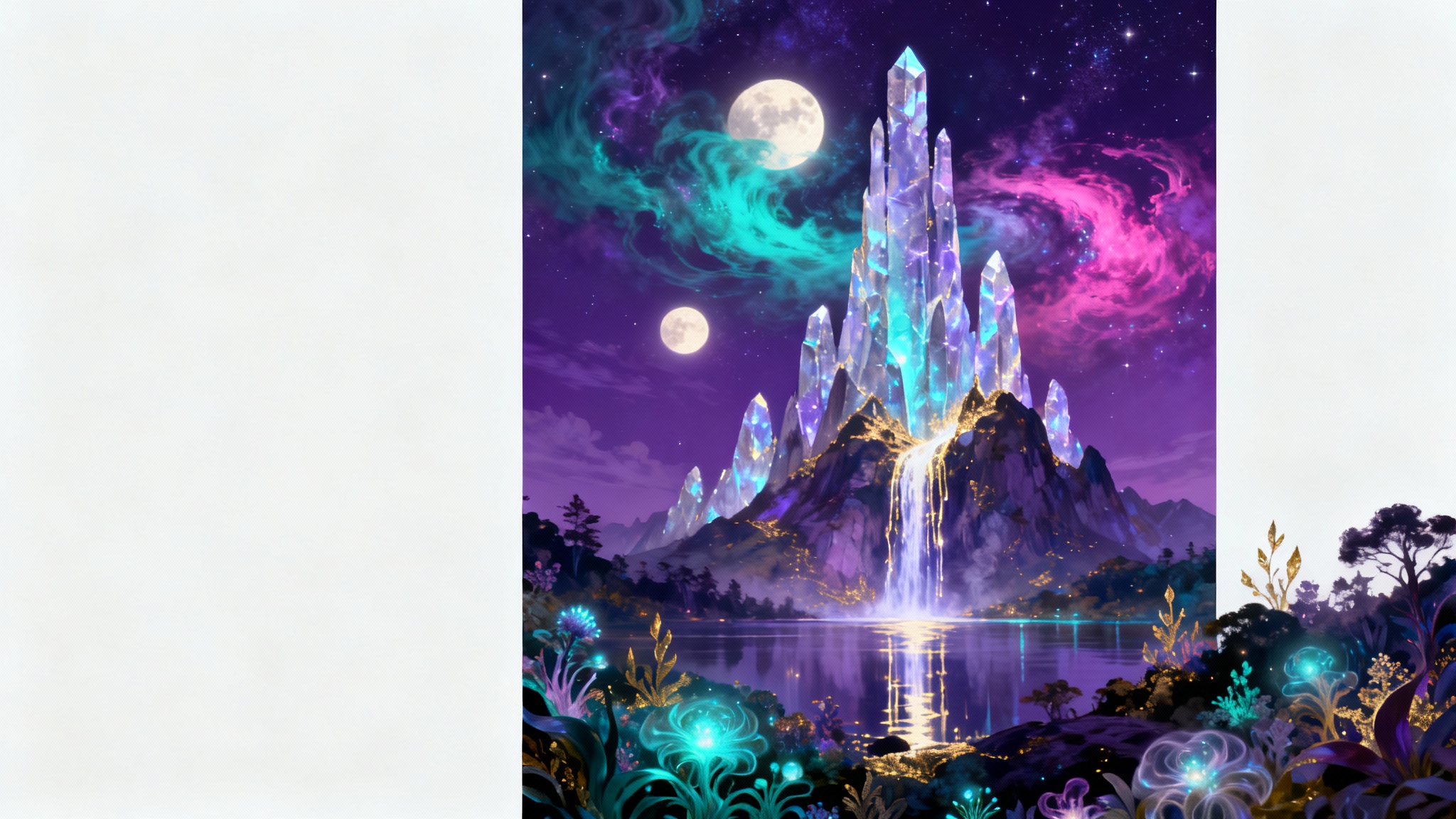 A vertical piece of digital art in a 9:16 ratio, showing a magical fantasy landscape with crystalline mountains and a nebula in the sky, displayed on a white background.