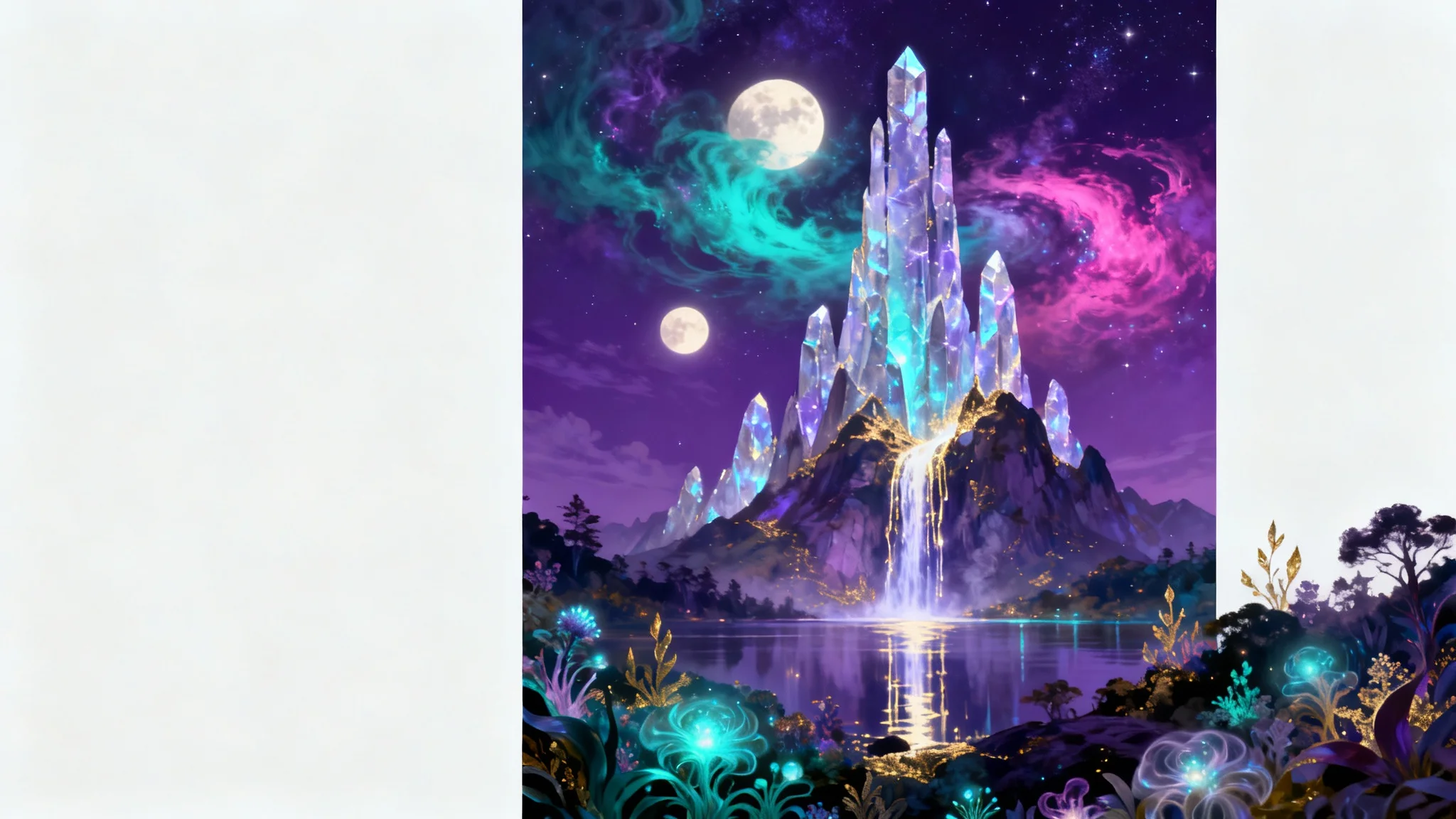 A vertical piece of digital art in a 9:16 ratio, showing a magical fantasy landscape with crystalline mountains and a nebula in the sky, displayed on a white background.