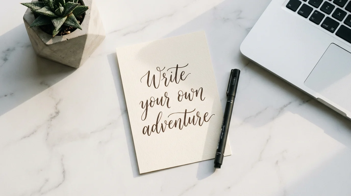 A top-down view of a white marble desk with a card in the center that reads 'Write your own adventure' in a beautiful cursive handwriting style. A pen, a laptop corner, and a small plant are next to the card, creating a clean, modern aesthetic.