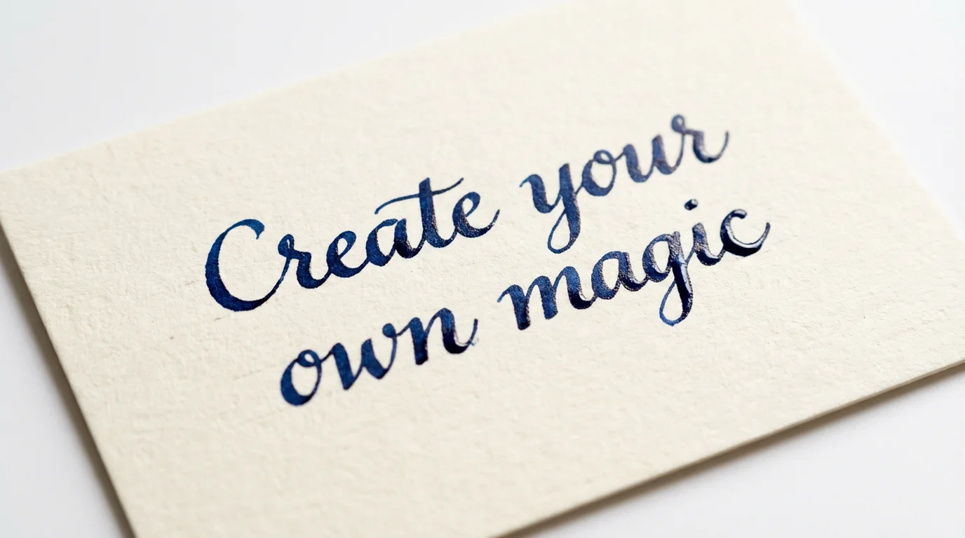 An elegant, handwritten note on textured cream paper with the words 'Create your own magic' written in beautiful dark blue calligraphy, set against a clean white background.