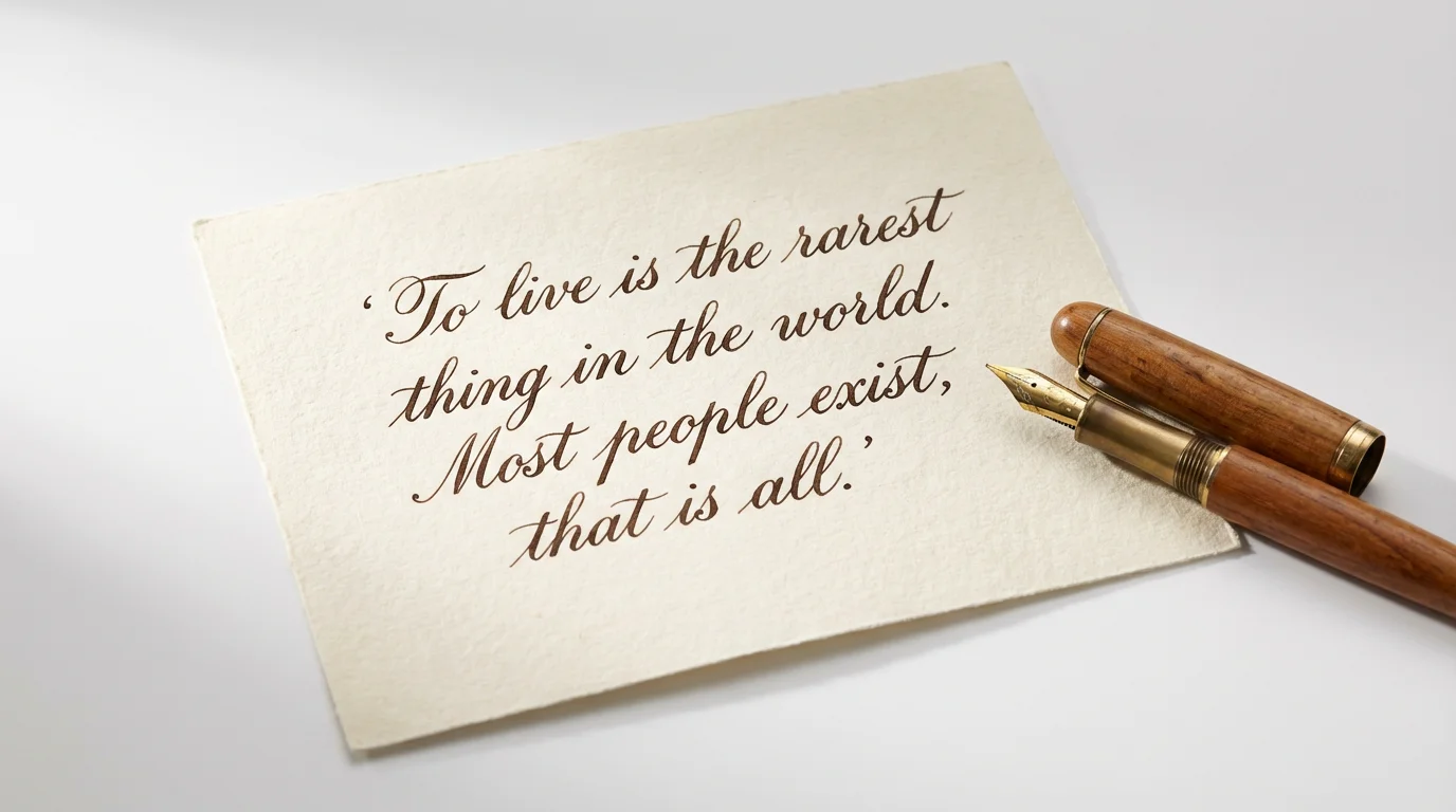 A photorealistic image of a handwritten note on cream-colored paper against a white background. The note, written in elegant cursive, reads, 'To live is the rarest thing in the world. Most people exist, that is all.' A fountain pen lies next to it.