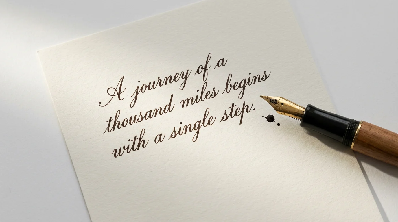 A flat lay image showing a piece of paper with elegant handwriting that reads 'A journey of a thousand miles begins with a single step.', next to a fountain pen, demonstrating a handwriting effect.