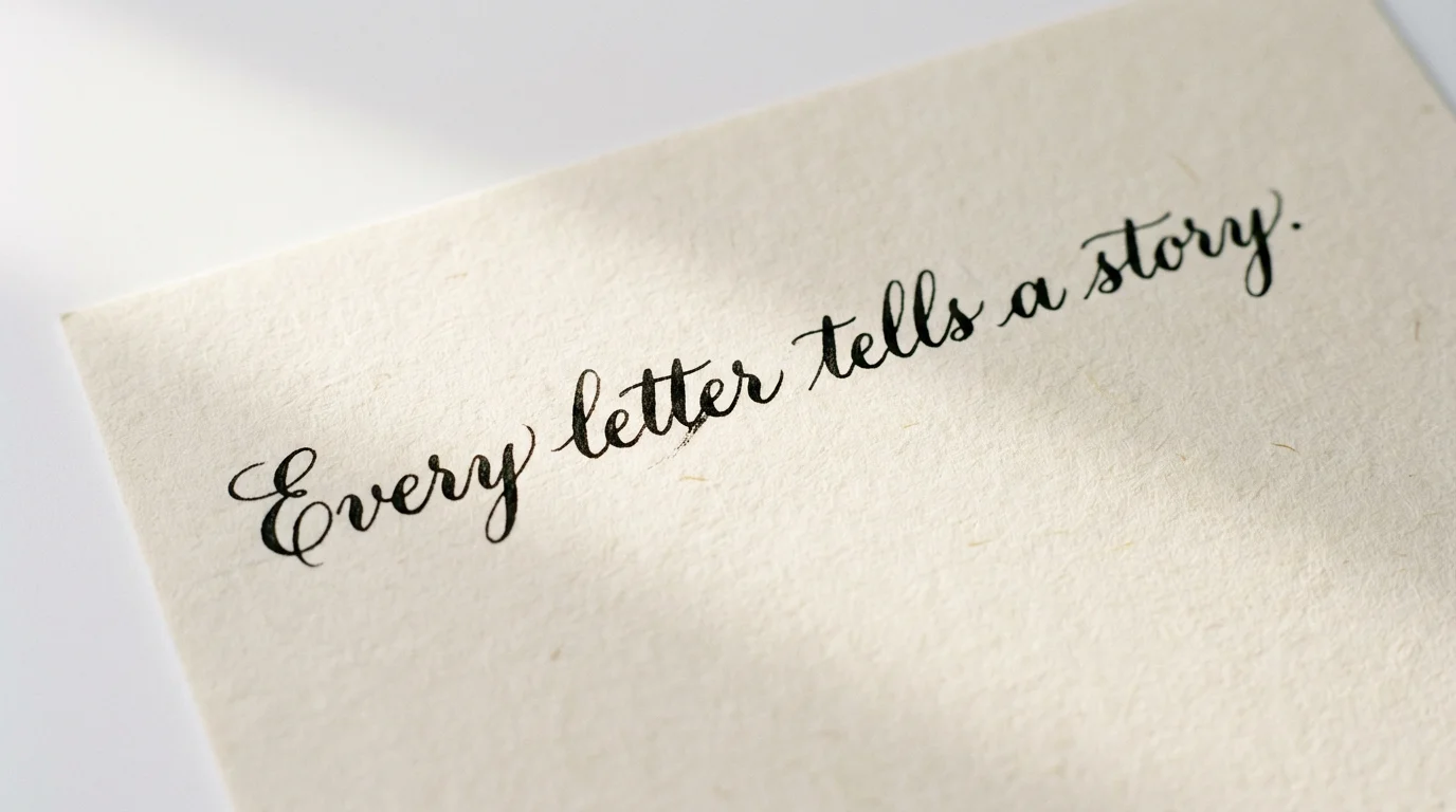 A close-up image of a handwritten note on cream paper against a white background. The note, written in elegant black cursive ink, says 'Every letter tells a story,' demonstrating a handwriting effect.