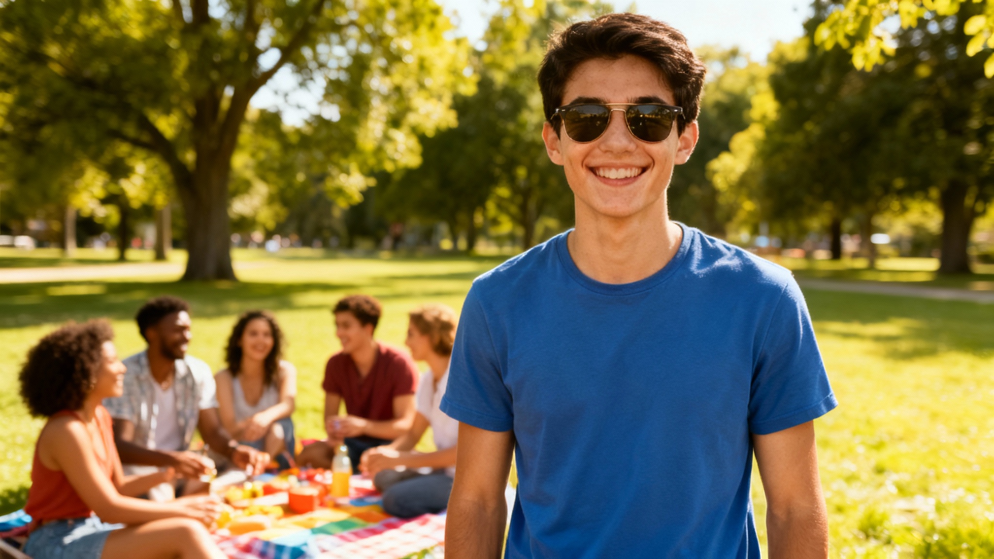 A photorealistic image demonstrating a tool's final result: a young man has been seamlessly added to a group photo of friends at a picnic, with matching lighting and shadows making him look like he was originally there.