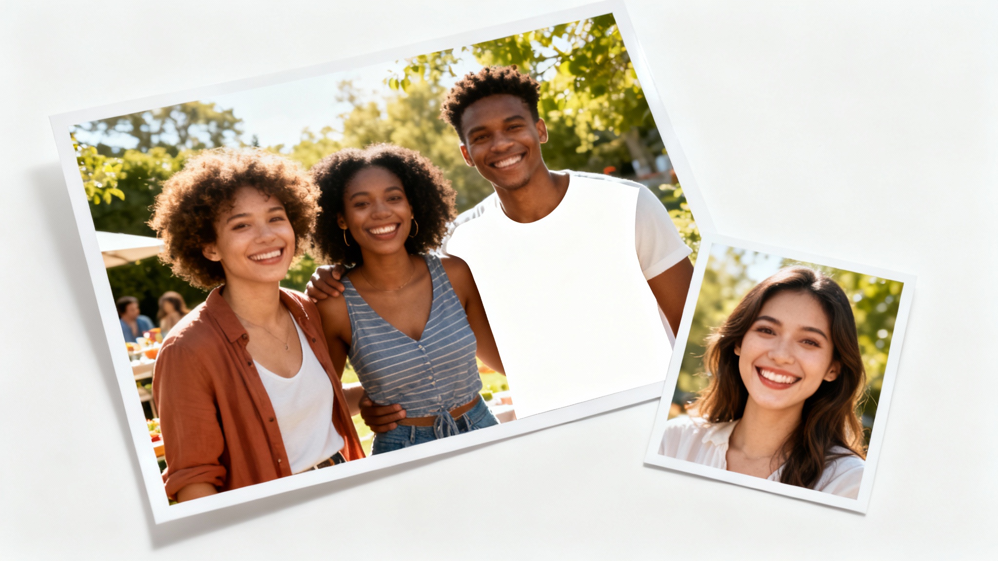 A conceptual photo showing a group picture with an empty space for a person, next to a portrait of a woman who can be added to the group, demonstrating the 'add face to photo' concept.