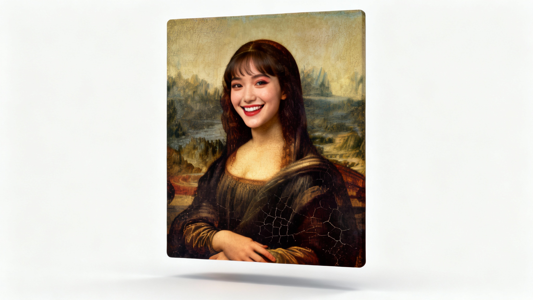 A humorous composite image depicting the Mona Lisa painting with the face swapped for a modern, smiling young woman's face, shown against a plain white background.