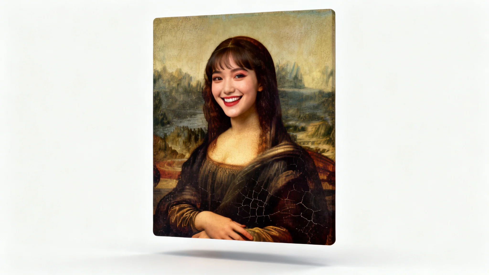 A humorous composite image depicting the Mona Lisa painting with the face swapped for a modern, smiling young woman's face, shown against a plain white background.