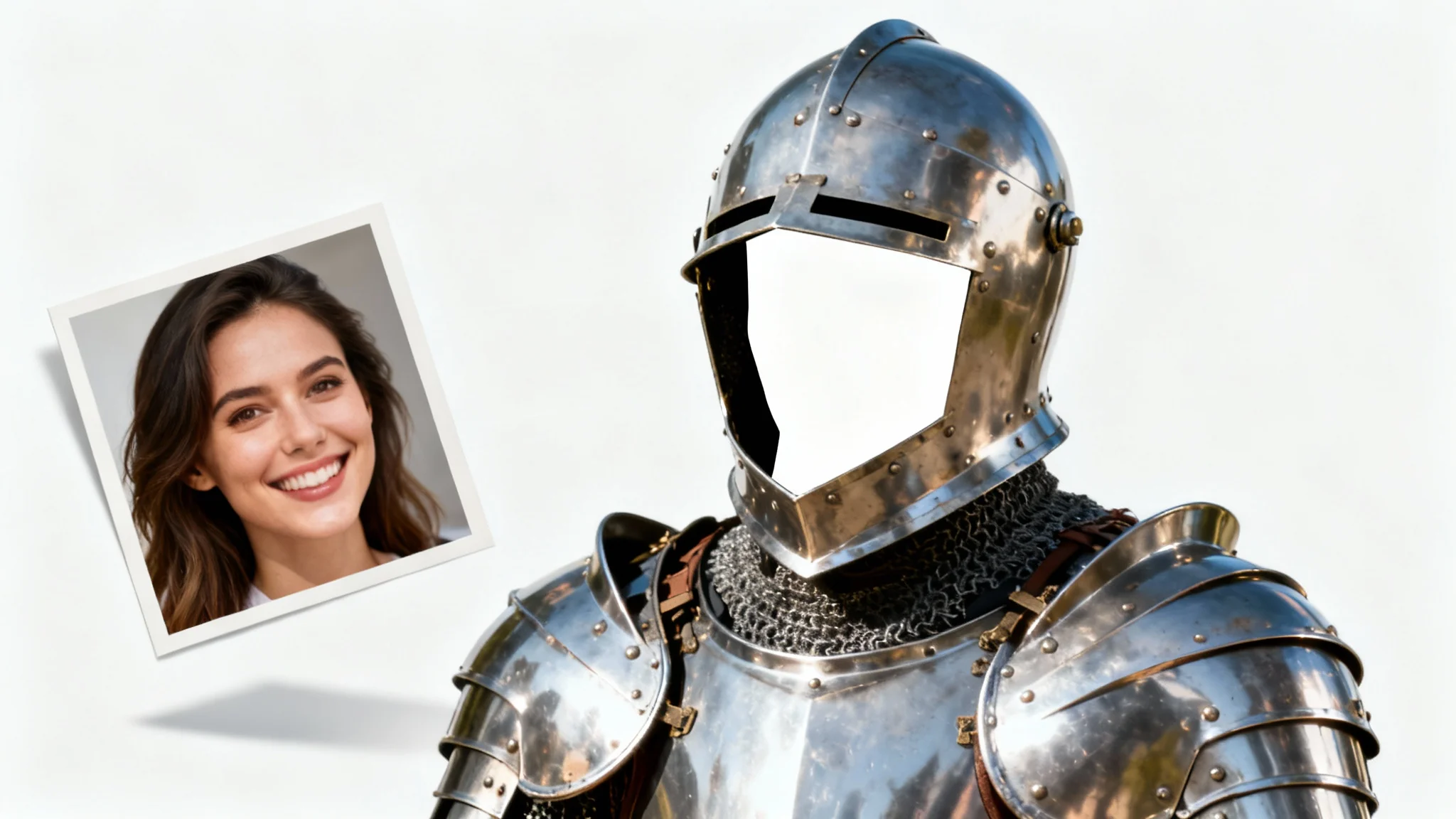 A conceptual mockup for adding a face to a photo, featuring a picture of a knight in armor with an empty space for a face, and a separate photo of a woman's face poised to be inserted.