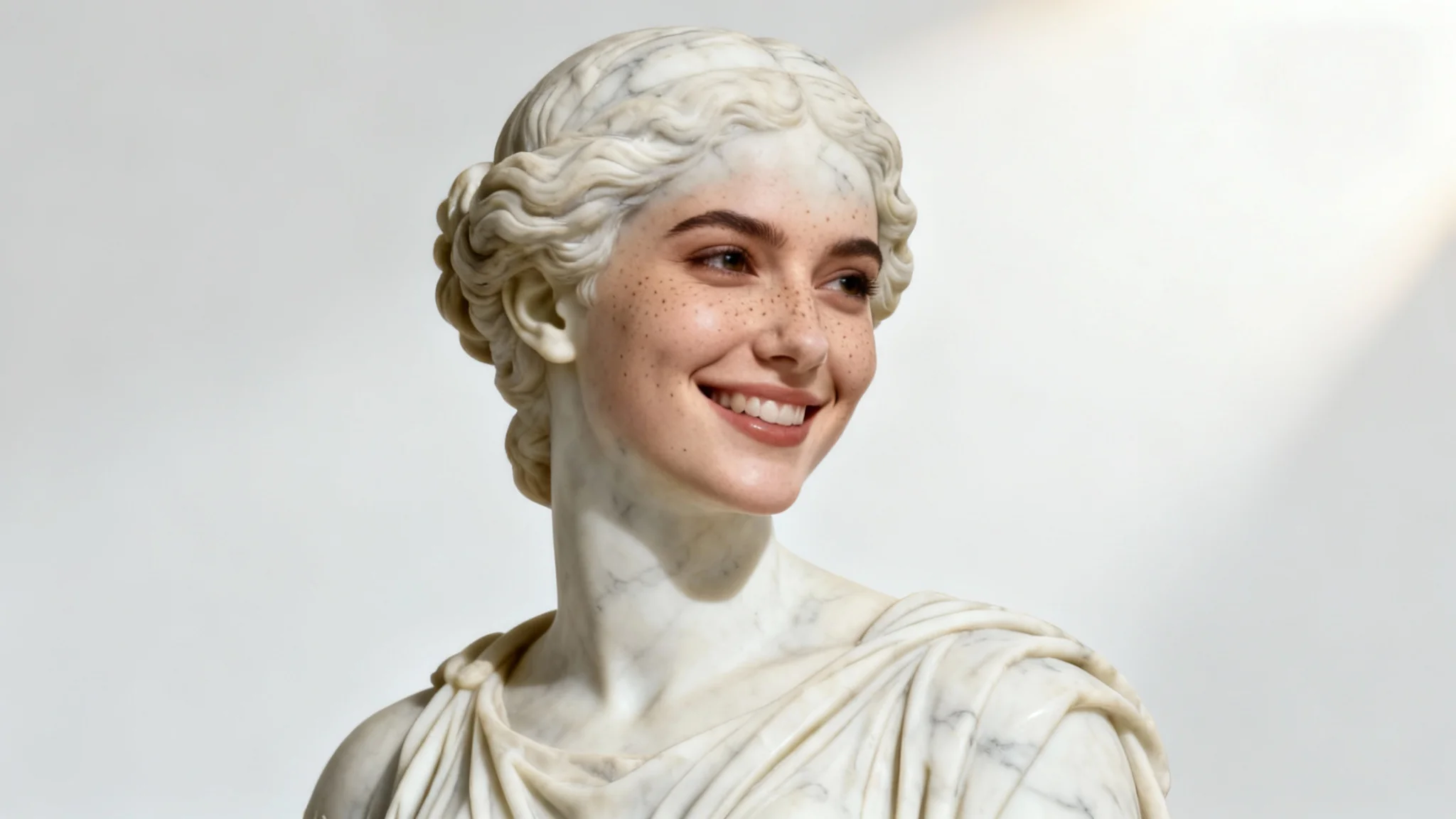 A hyperrealistic image of a classic Greek marble sculpture, with the face seamlessly swapped for that of a modern, smiling woman, isolated on a white background.