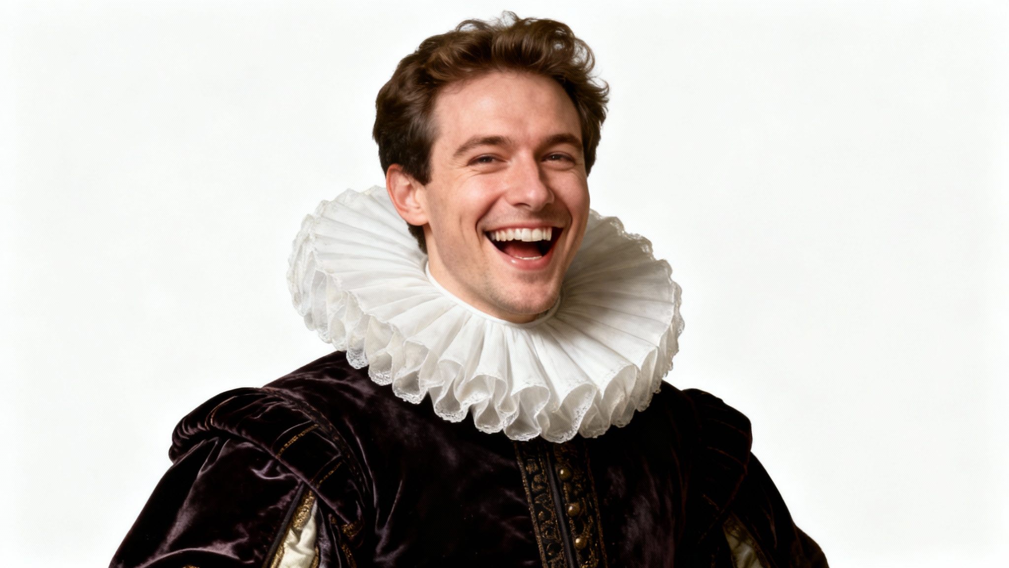 A humorous photo montage depicting a Renaissance nobleman's body with the head of a laughing modern person, illustrating a face swap. The image is set against a clean white background.
