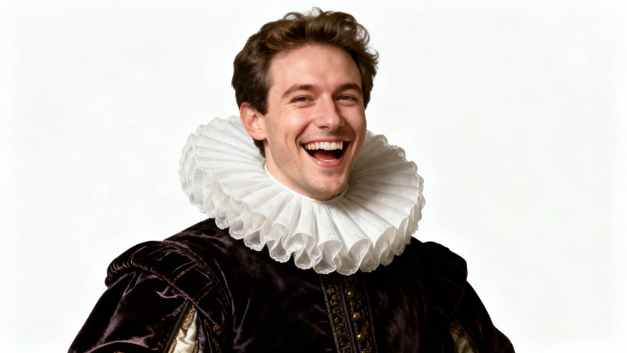 A humorous photo montage depicting a Renaissance nobleman's body with the head of a laughing modern person, illustrating a face swap. The image is set against a clean white background.