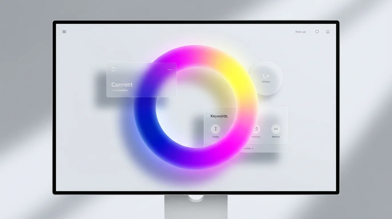 A polished digital graphic design featuring a vibrant conic gradient of blue, magenta, and yellow as the centerpiece, composed with other geometric shapes on a light gray background to represent a final design output.