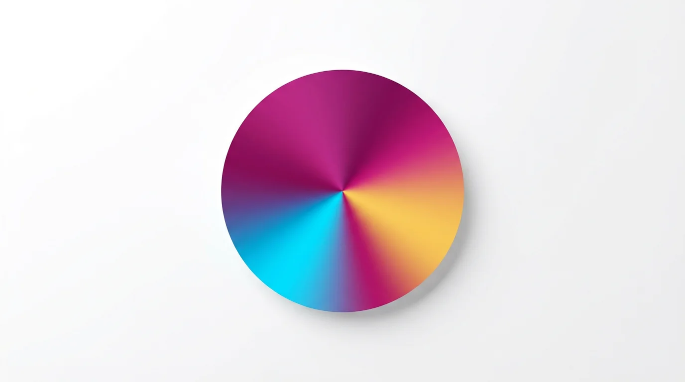 A digital graphic of a conic gradient on a white background, showing a circular shape with colors smoothly transitioning from magenta to cyan to yellow in a radial pattern.