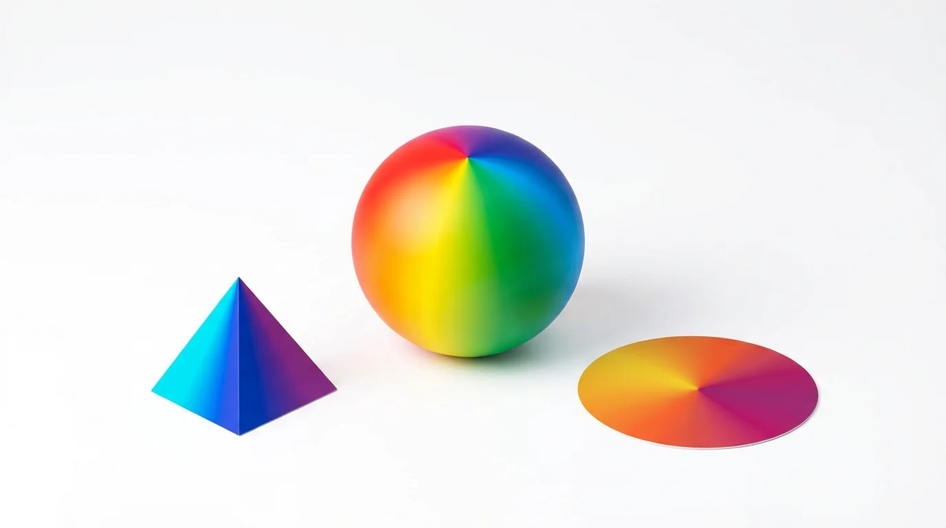 An abstract studio shot of three geometric shapes, a sphere, a pyramid, and a disc, on a white background, each showcasing a different style of vibrant conic gradient.