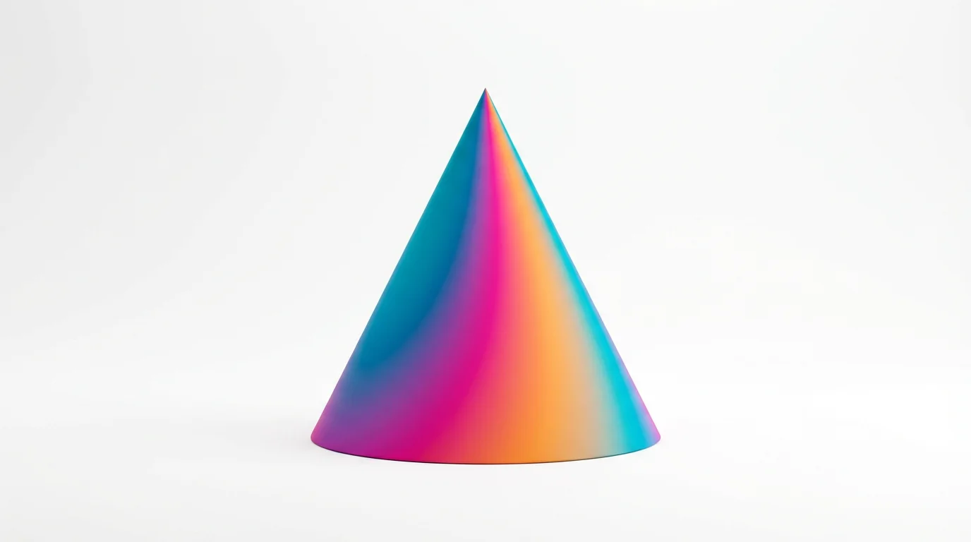 A 3D cone on a white background, demonstrating a conic gradient effect with colors swirling from cyan to magenta to orange around its point.