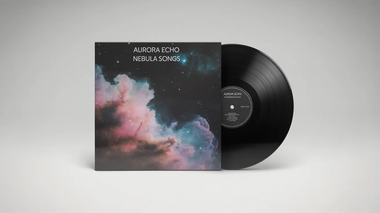 A photorealistic mockup of a vinyl record titled 'Nebula Songs' by 'AURORA ECHO', partially emerging from its sleeve which features colorful cosmic art, set against a plain white background.