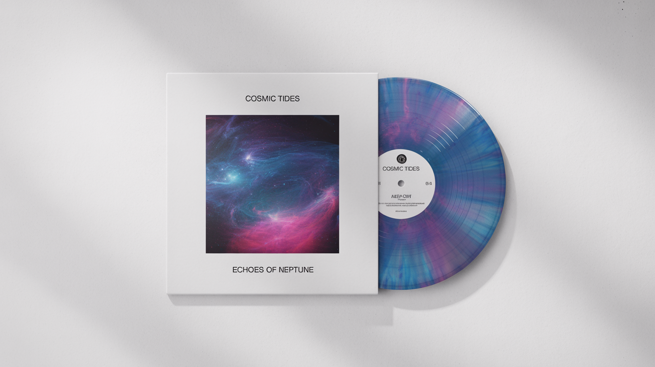 A mockup of a vinyl record with a custom album cover. The cover, for the album 'Echoes of Neptune' by 'Cosmic Tides', has an abstract space design. A marbled blue and purple vinyl is partially visible.
