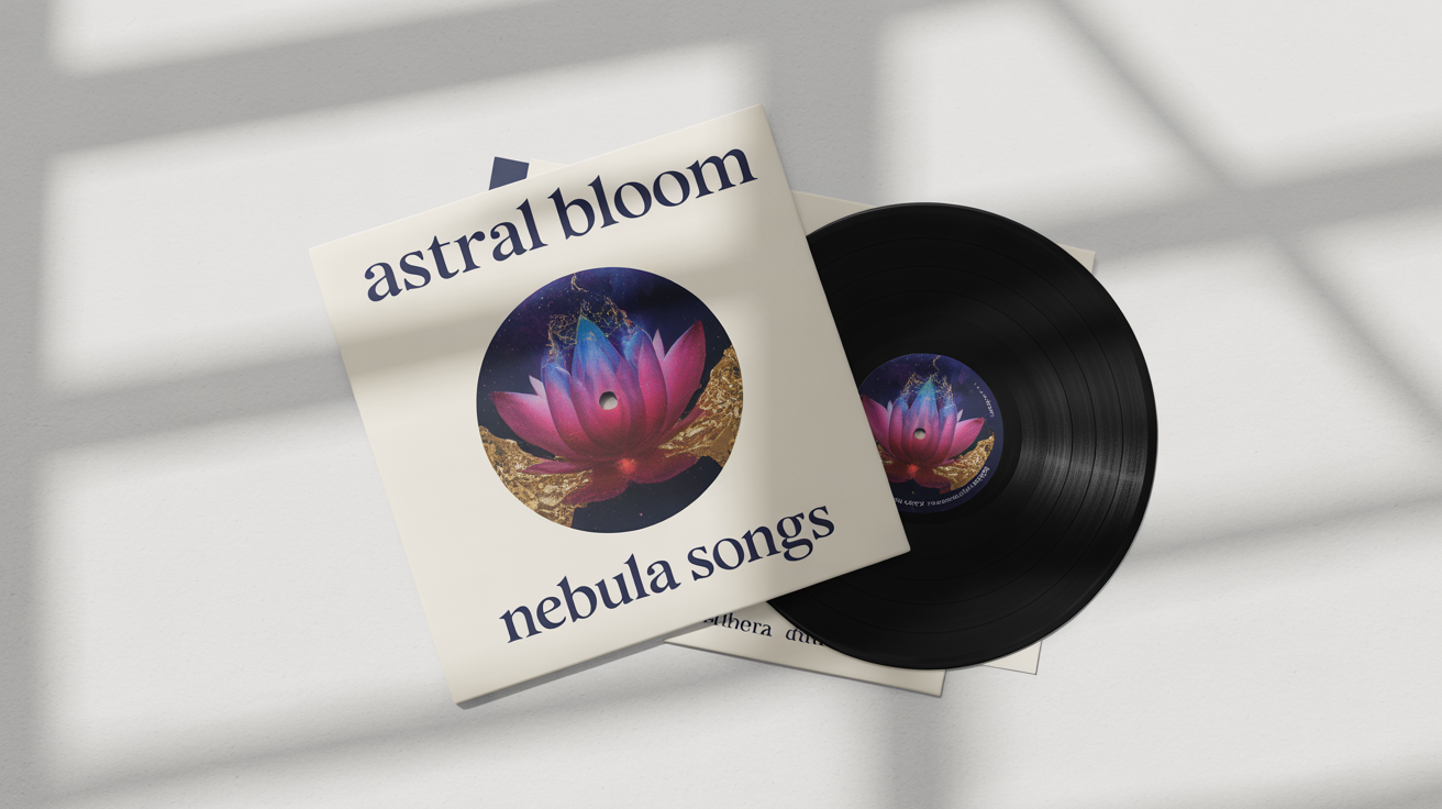 A professional mockup of a vinyl record against a white background. The record is partially out of its sleeve, which features a modern design of a cosmic lotus flower and the text 'Astral Bloom' and 'Nebula Songs'.