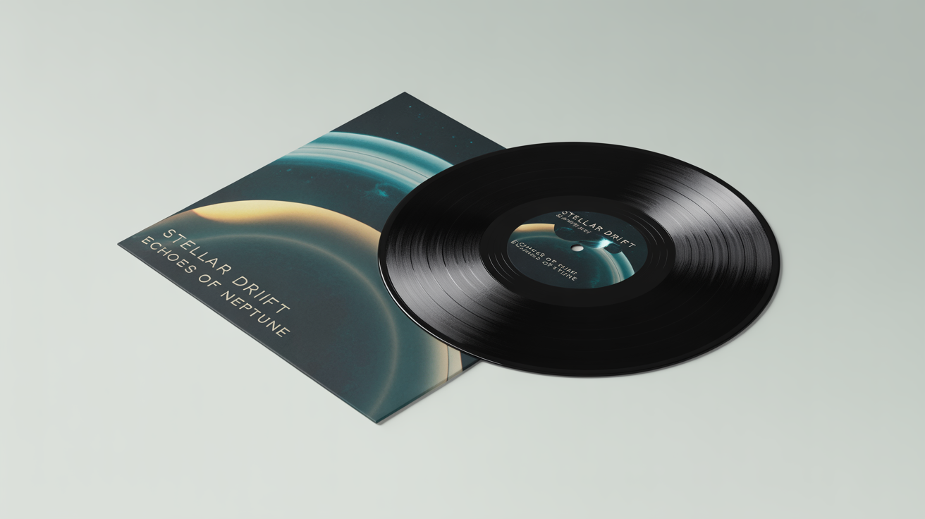 A photorealistic mockup of a vinyl record for the fictional band 'STELLAR DRIFT' and their album 'ECHOES OF NEPTUNE'. The black vinyl is partially slid out of its sleeve, which features an abstract blue and gold design against a white background.