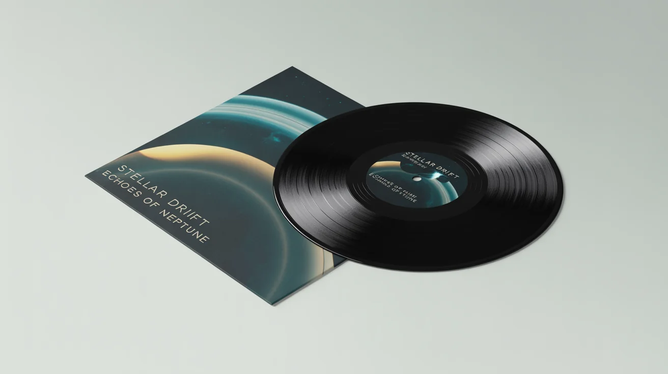 A photorealistic mockup of a vinyl record for the fictional band 'STELLAR DRIFT' and their album 'ECHOES OF NEPTUNE'. The black vinyl is partially slid out of its sleeve, which features an abstract blue and gold design against a white background.