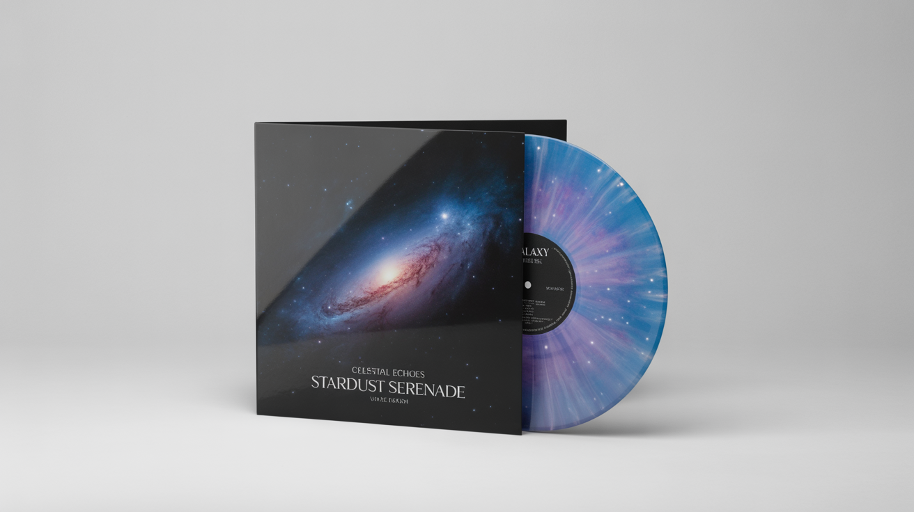 A photorealistic mockup of a vinyl record album on a white background. The album, titled 'Stardust Serenade' by 'Celestial Echoes', features cosmic-themed cover art and a matching galaxy-colored vinyl record.