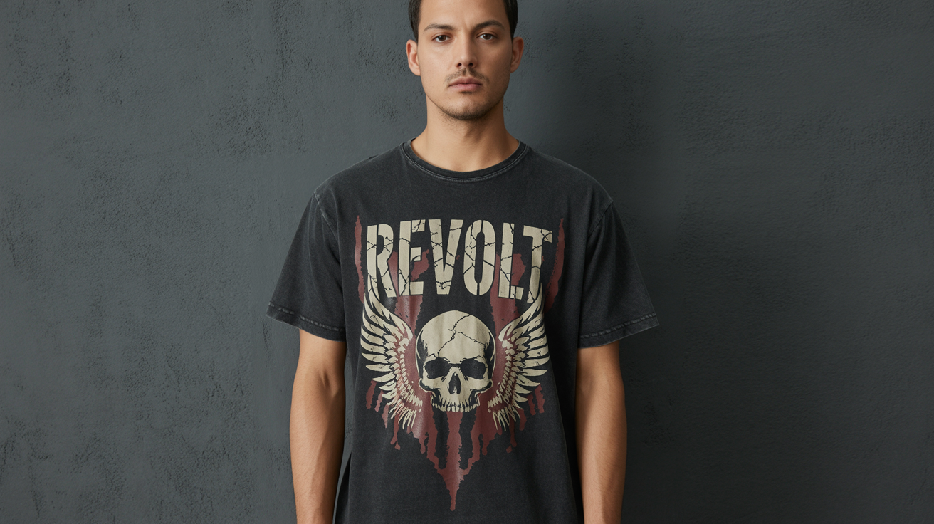 A close-up product shot of a black t-shirt with a grunge design. The design features a distressed graphic of a skull with wings and the word 'REVOLT' in a cracked font.