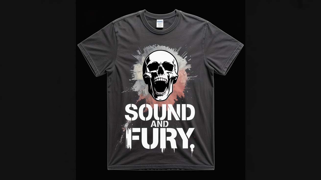 A product mockup of a black grunge-style t-shirt on a white background. The shirt features a distressed graphic of a screaming skull with paint splatters and the words 'SOUND AND FURY' below it.