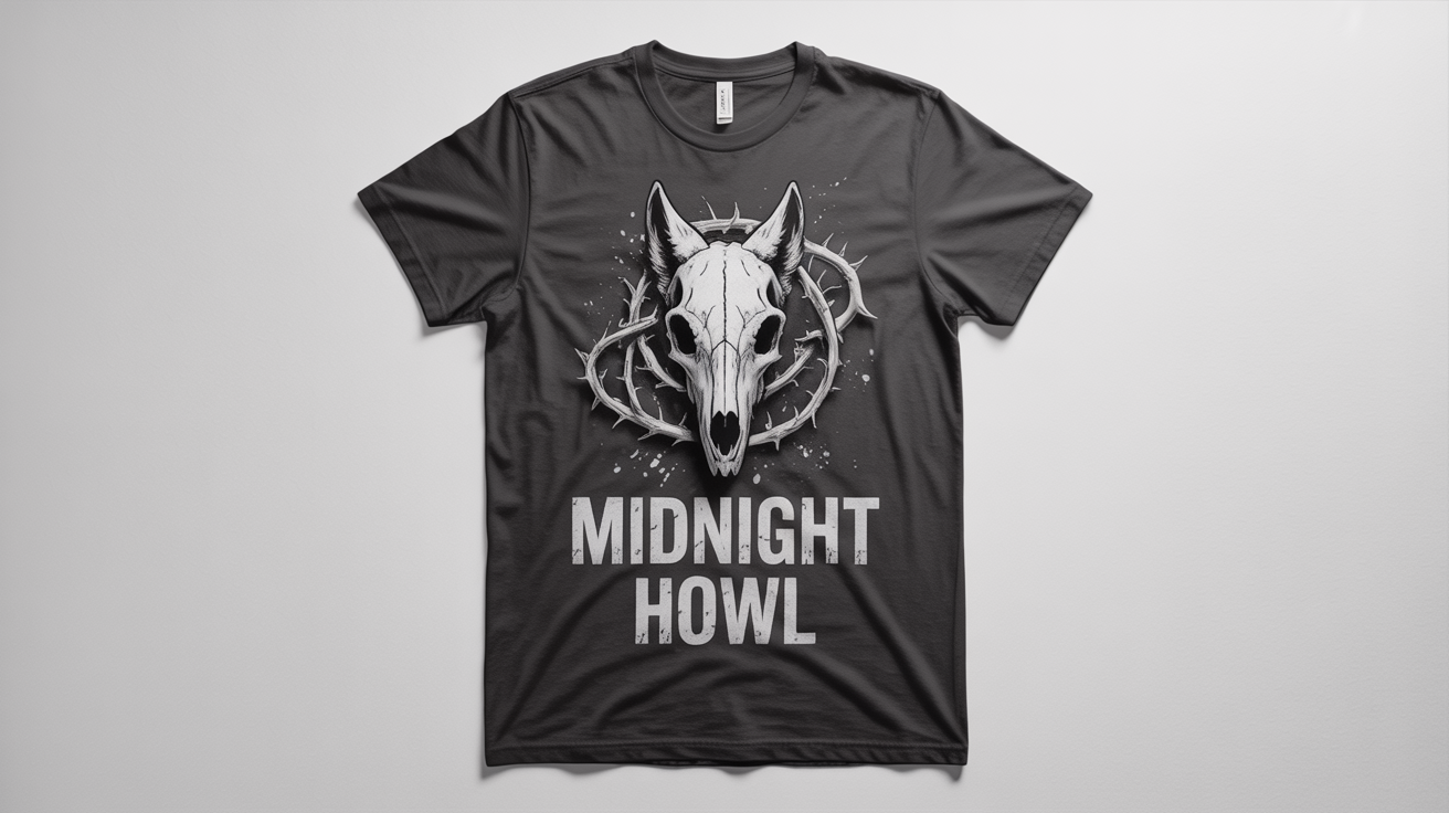 A top-down view of a charcoal gray grunge t-shirt laid flat on a white background, featuring a distressed design of a wolf skull, roses, and the text 'MIDNIGHT HOWL'.
