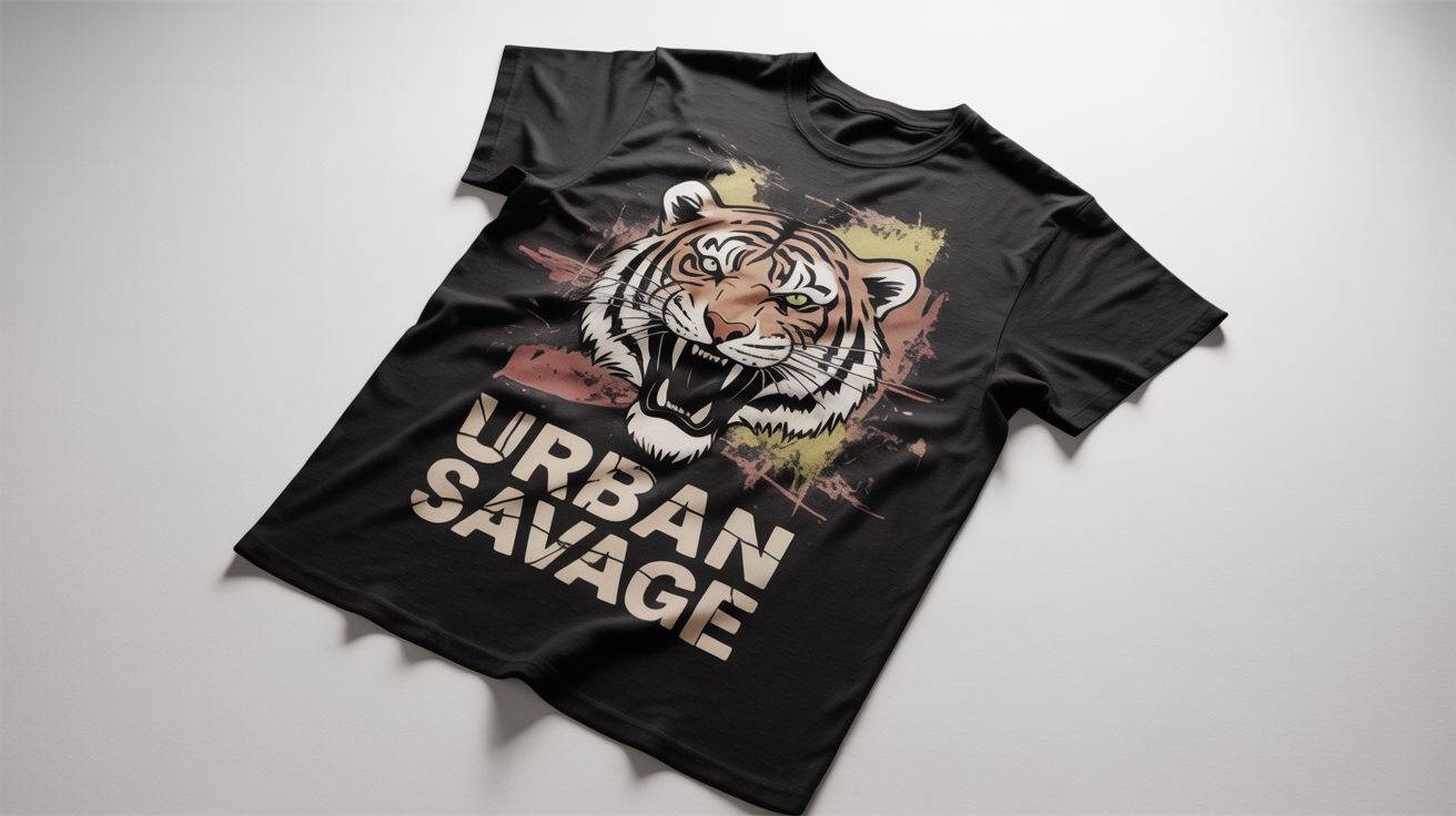 A flat lay mockup of a black t-shirt on a white background. The shirt has a grunge design featuring a roaring tiger and the text 'URBAN SAVAGE'.