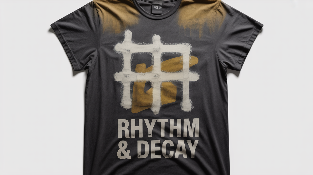 A flat lay mockup of a faded black grunge t-shirt on a white background. The shirt features a distressed, cracked graphic with the text 'RHYTHM & DECAY'.