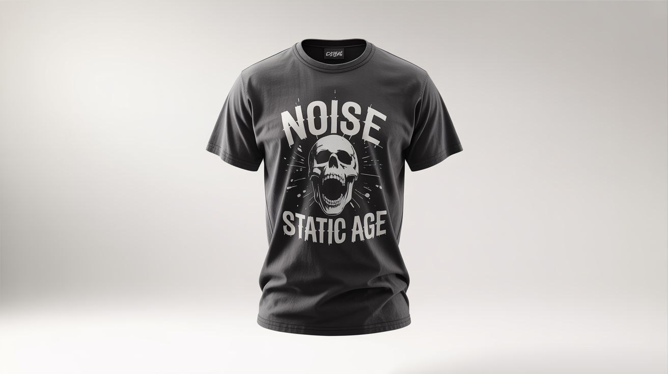 A flat lay product mockup of a faded black grunge t-shirt on a white background, featuring a design of a screaming skull with the words 'NOISE' and 'STATIC AGE'.