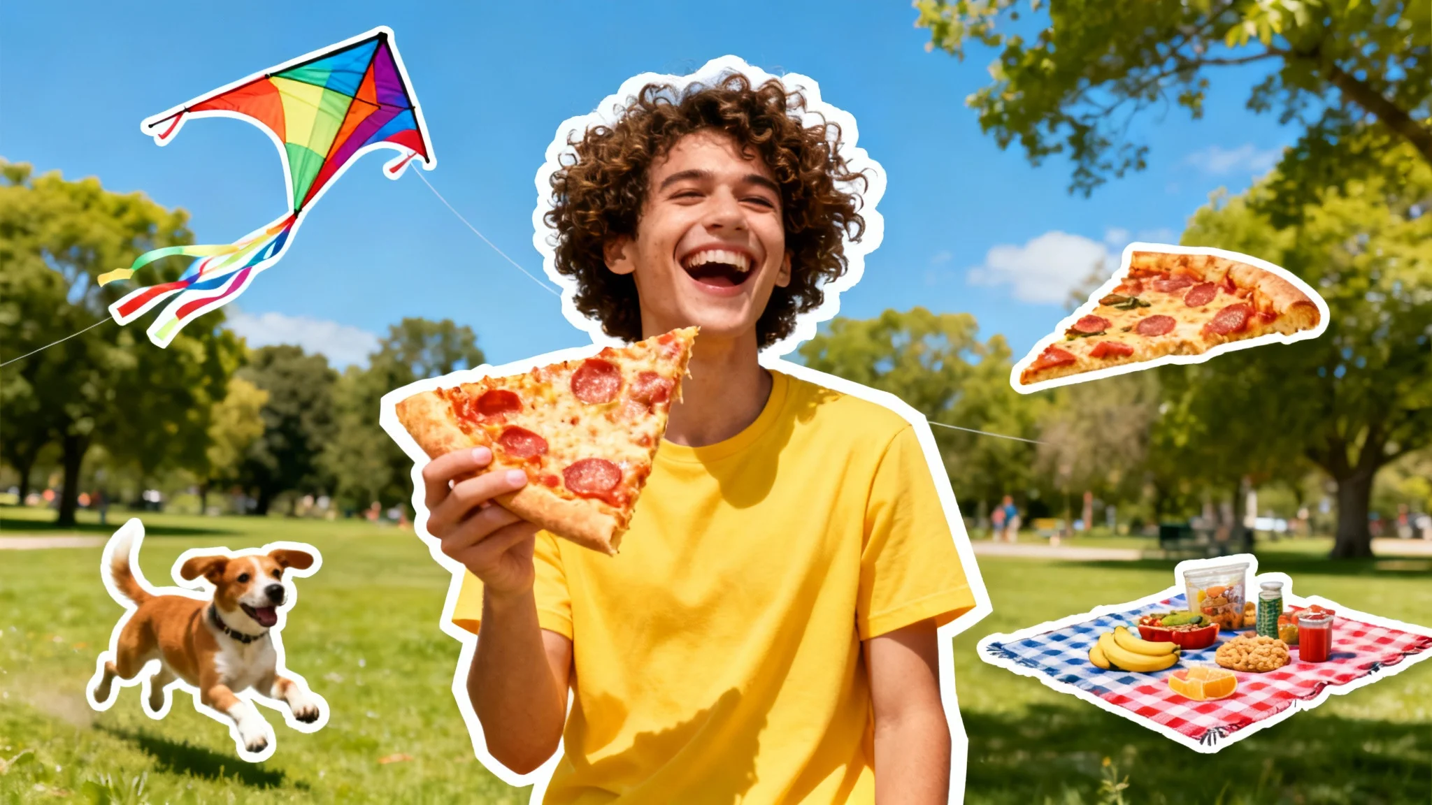 A vibrant collage created with a photo cut-and-paste tool. The image shows a person holding a pizza, a dog, and a kite cut out from their original photos and pasted onto a new background of a sunny park.