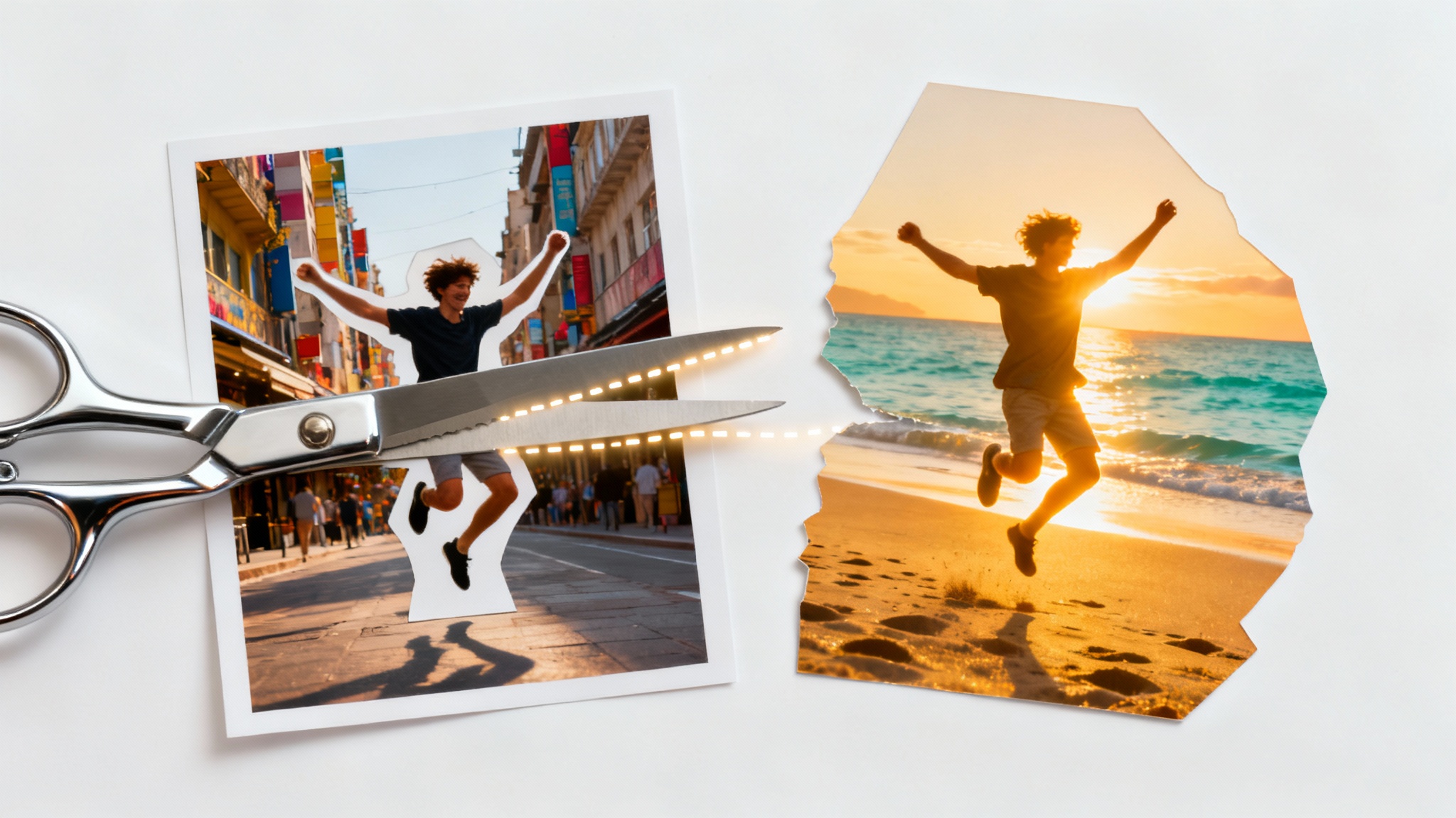 A conceptual image showing a person being cut out from a photograph of a city and pasted into a new photograph of a serene beach, demonstrating the photo cut and paste feature.