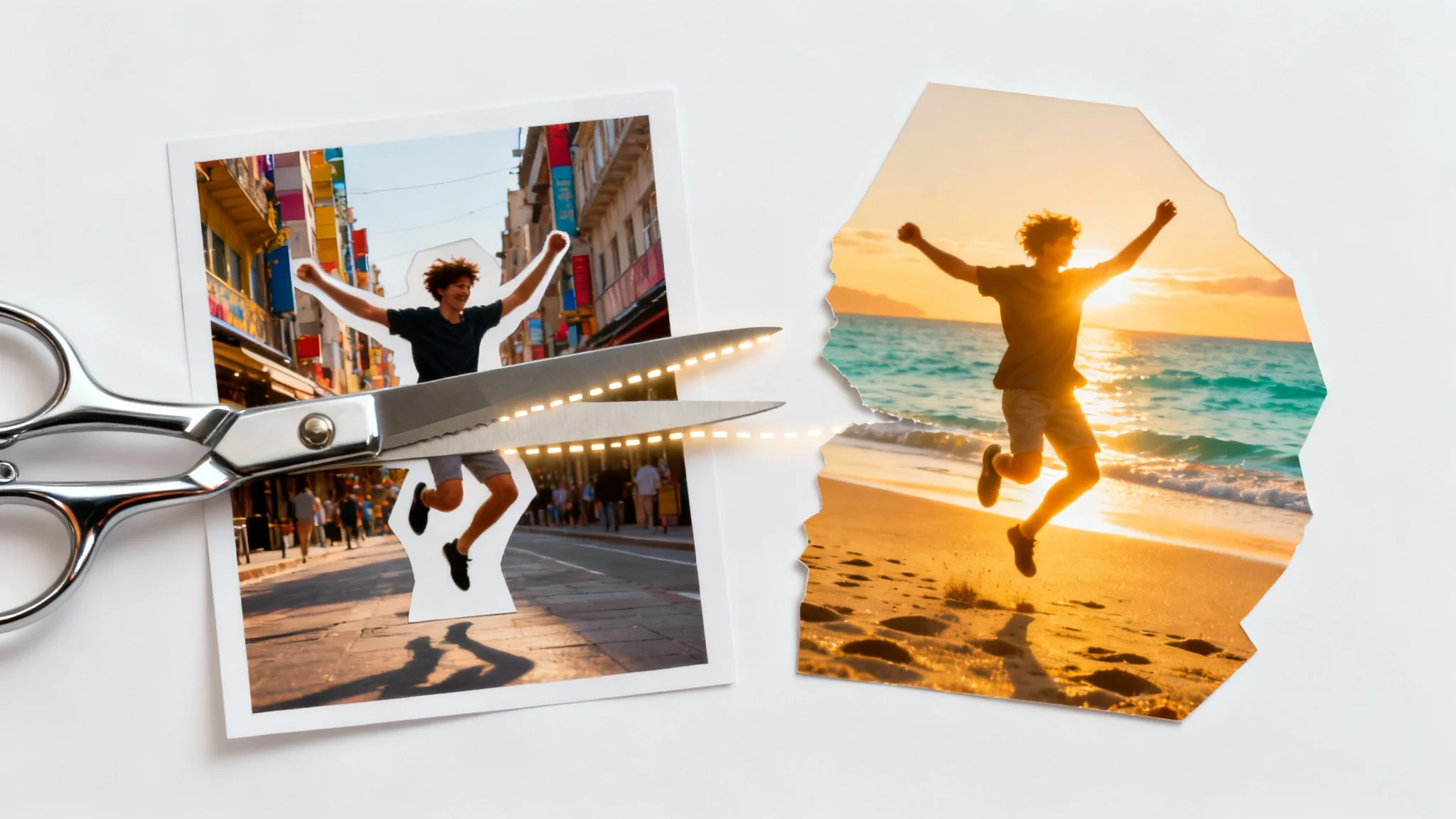 A conceptual image showing a person being cut out from a photograph of a city and pasted into a new photograph of a serene beach, demonstrating the photo cut and paste feature.