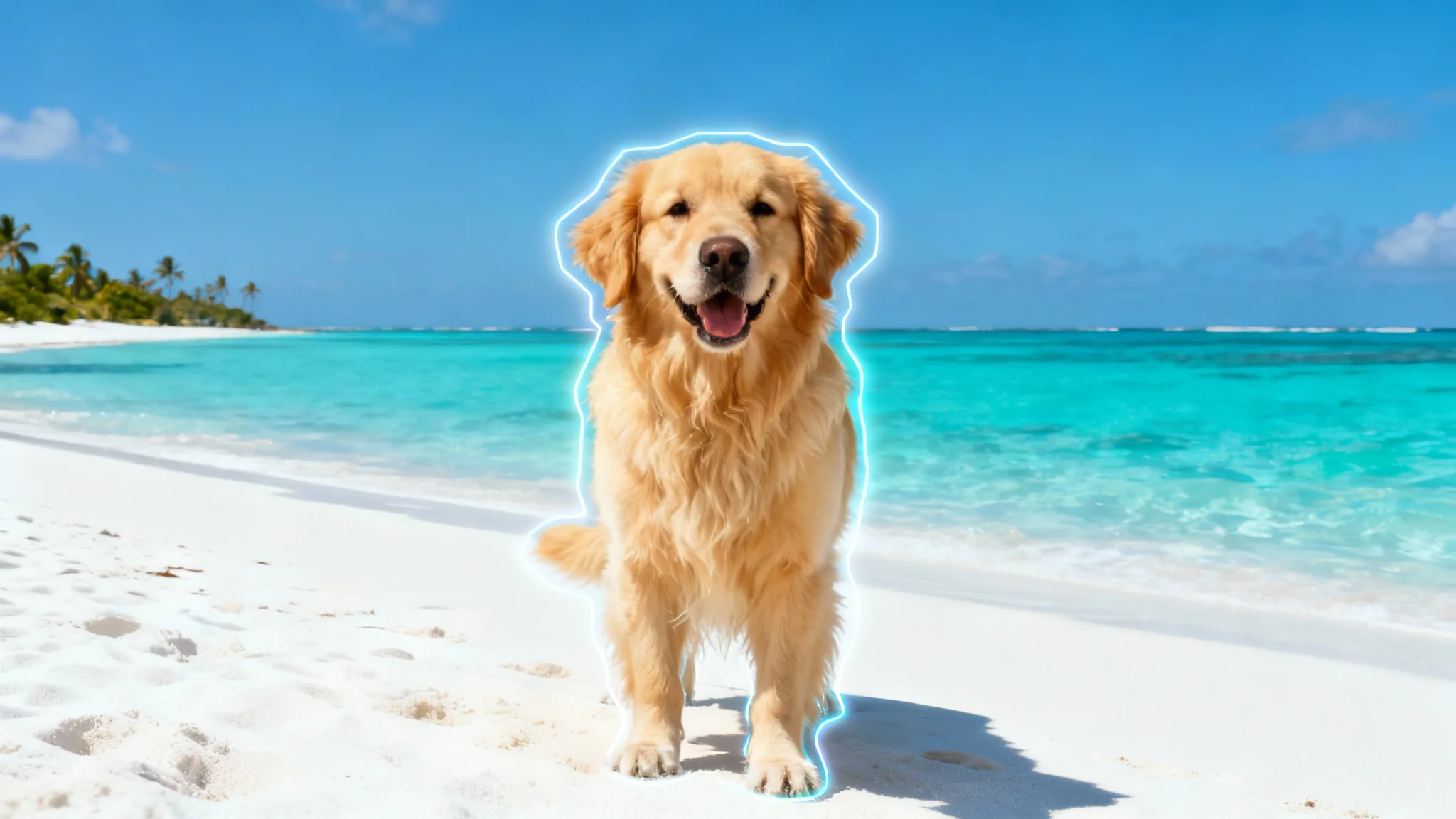 A conceptual image illustrating a photo cut-and-paste feature, showing a happy golden retriever perfectly placed onto a tropical beach background, with a subtle digital outline to emphasize the edit.