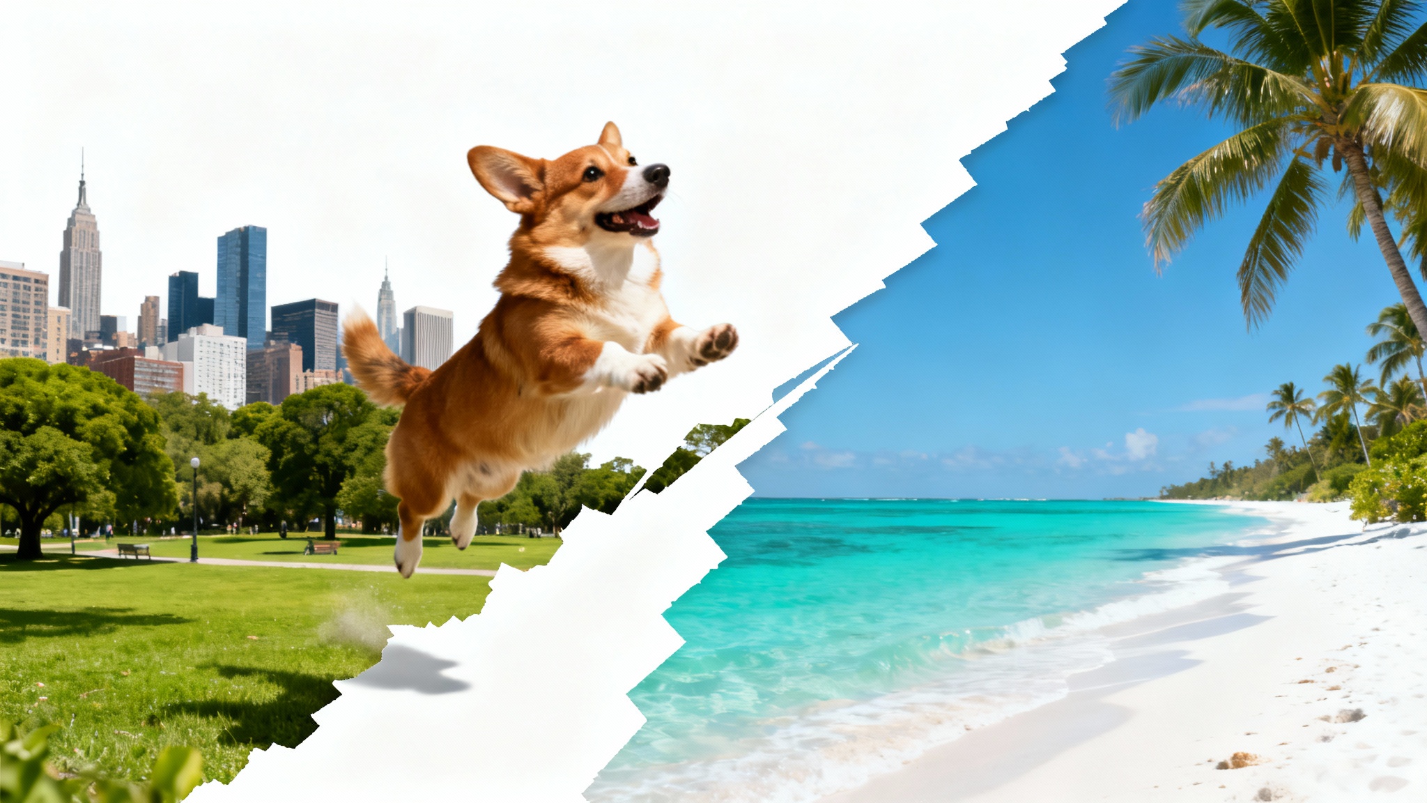 A mockup illustrating photo cut and paste, featuring a Corgi being moved from an image of a park to an image of a beach, on a clean white background.